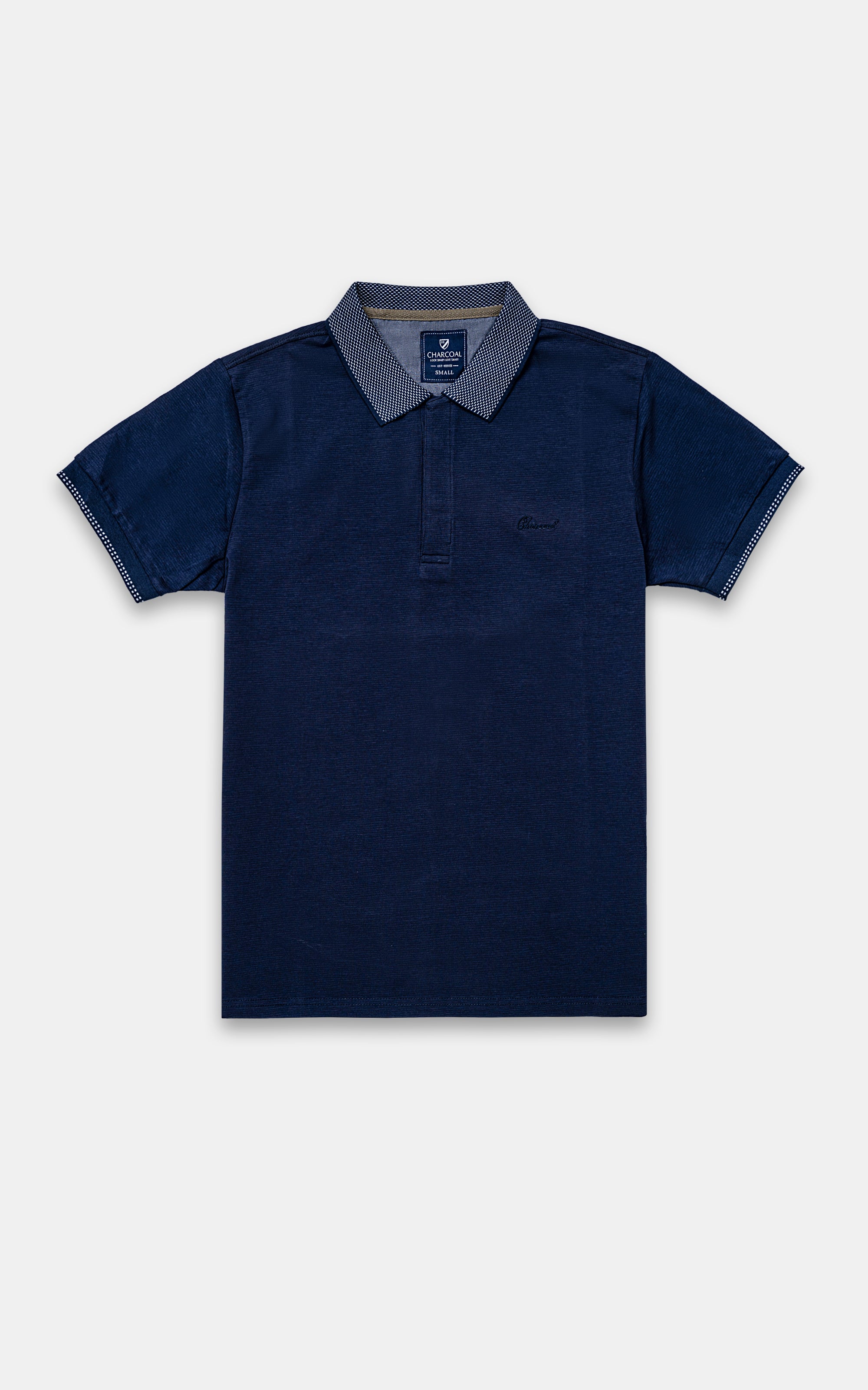 Navy polo T-shirt with short sleeves, button placket, and chest logo
