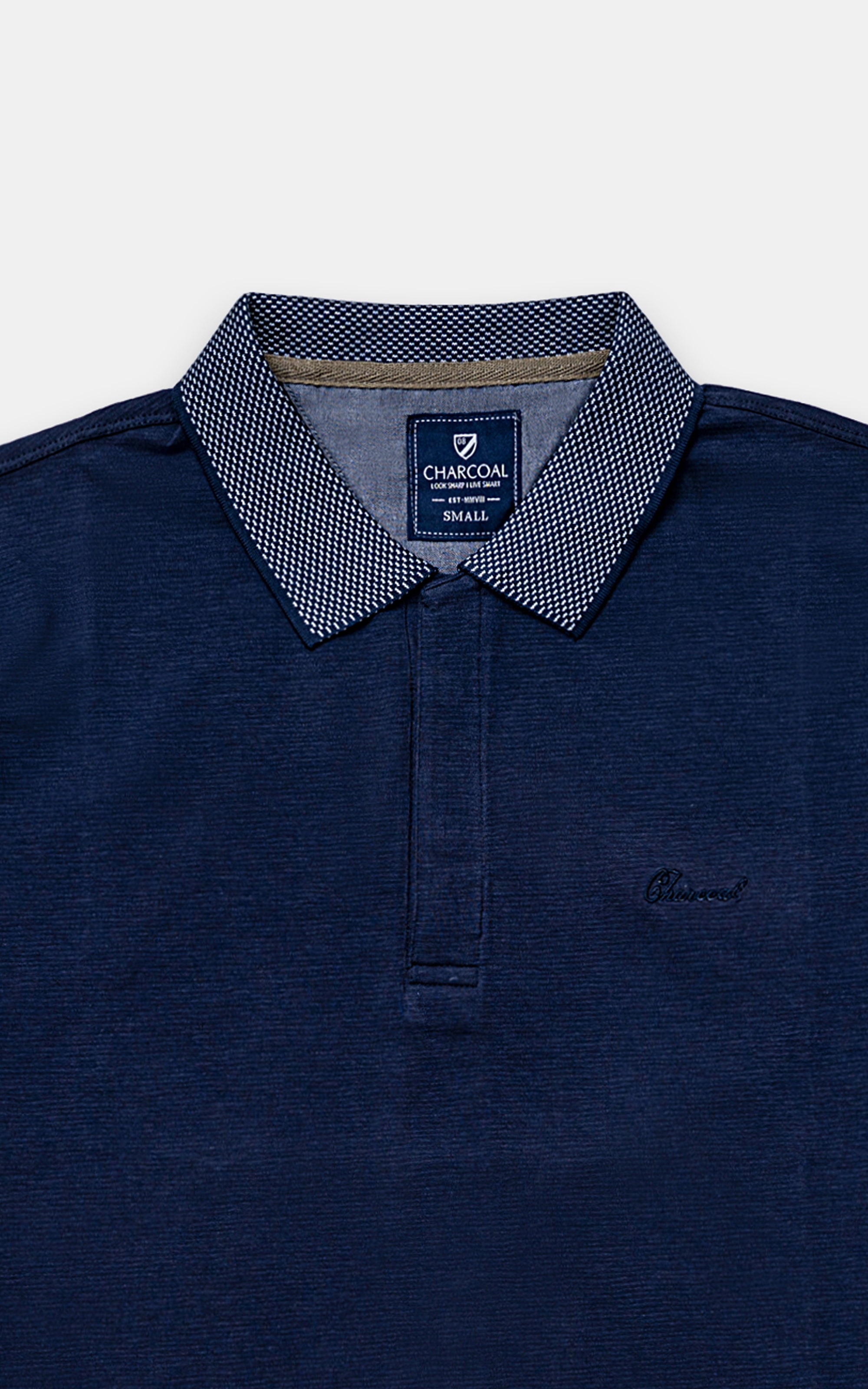 Navy polo T-shirt with check collar trim and button placket, chest logo