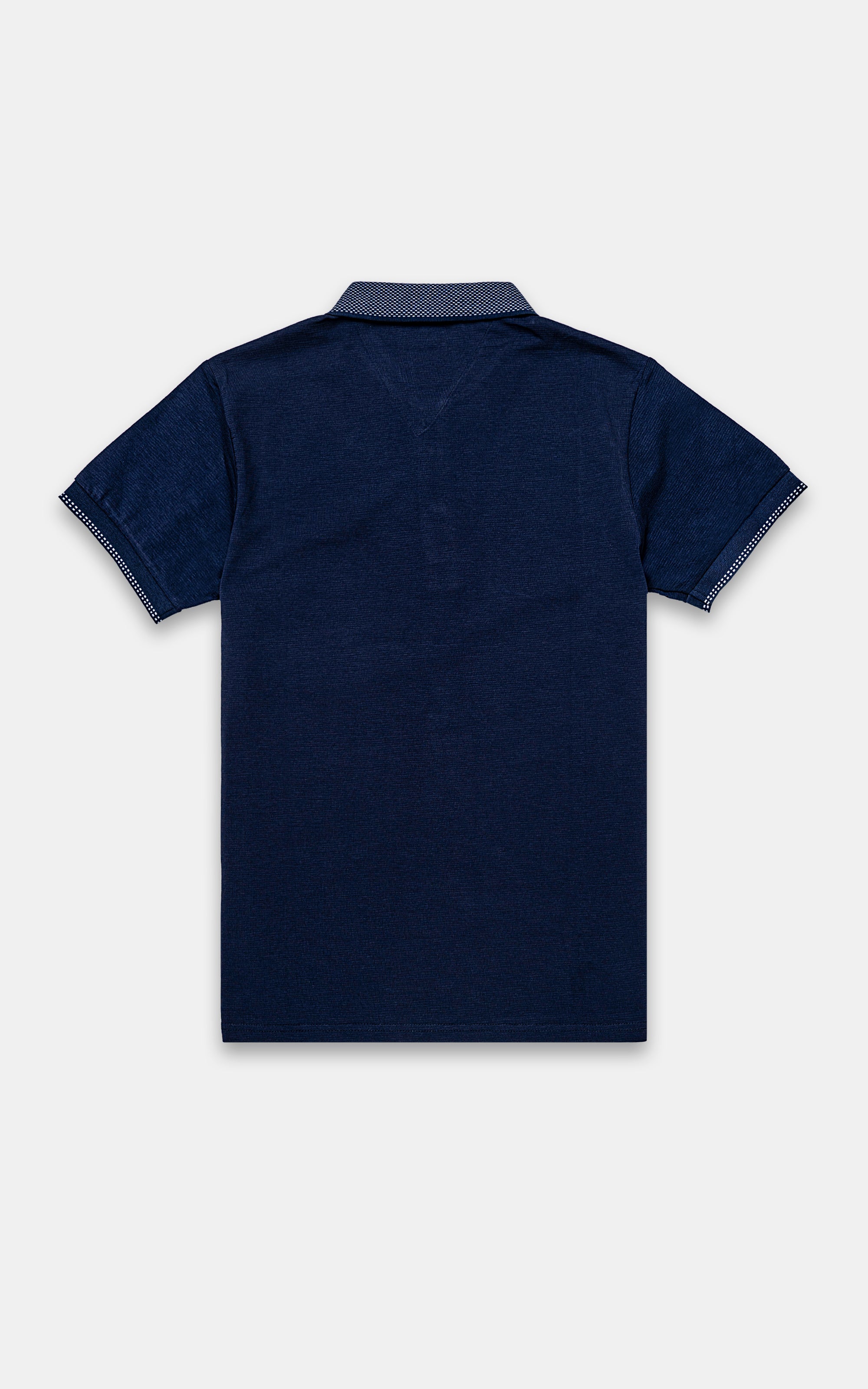 Navy polo T-shirt, back view with short sleeves and buttoned collar