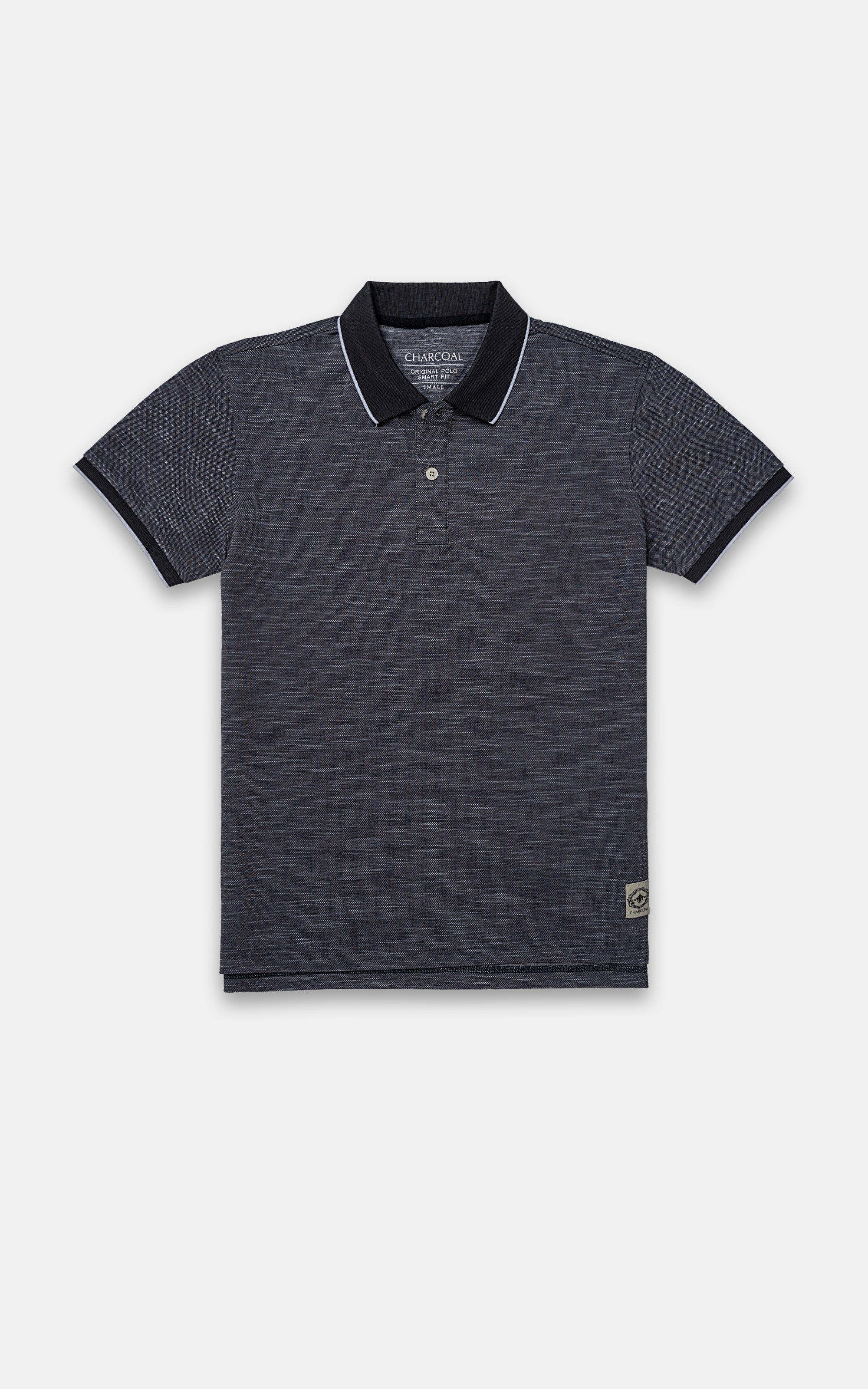 Dark grey polo t-shirt with short sleeves and button placket