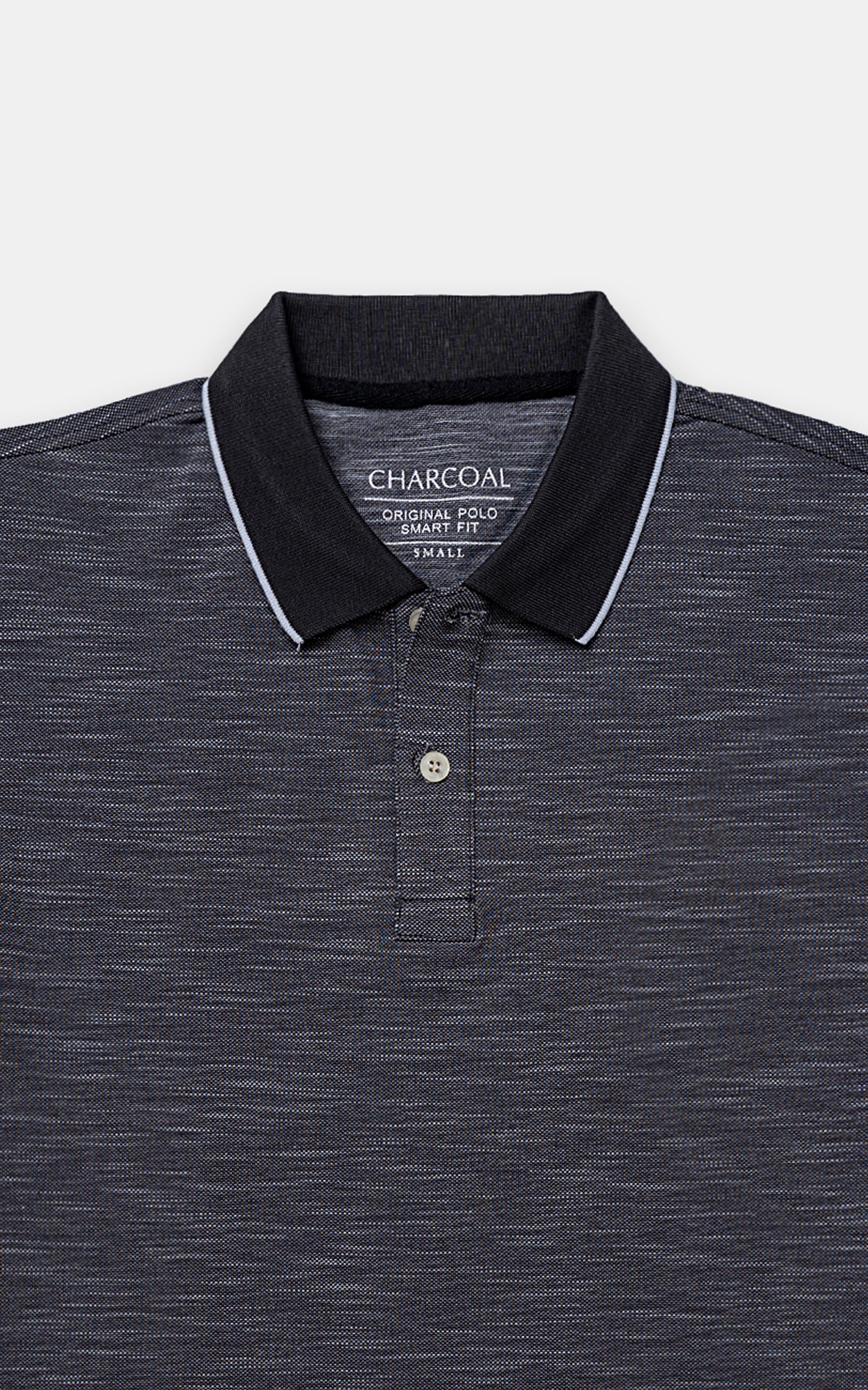 Dark grey polo t-shirt with contrast collar and chest logo