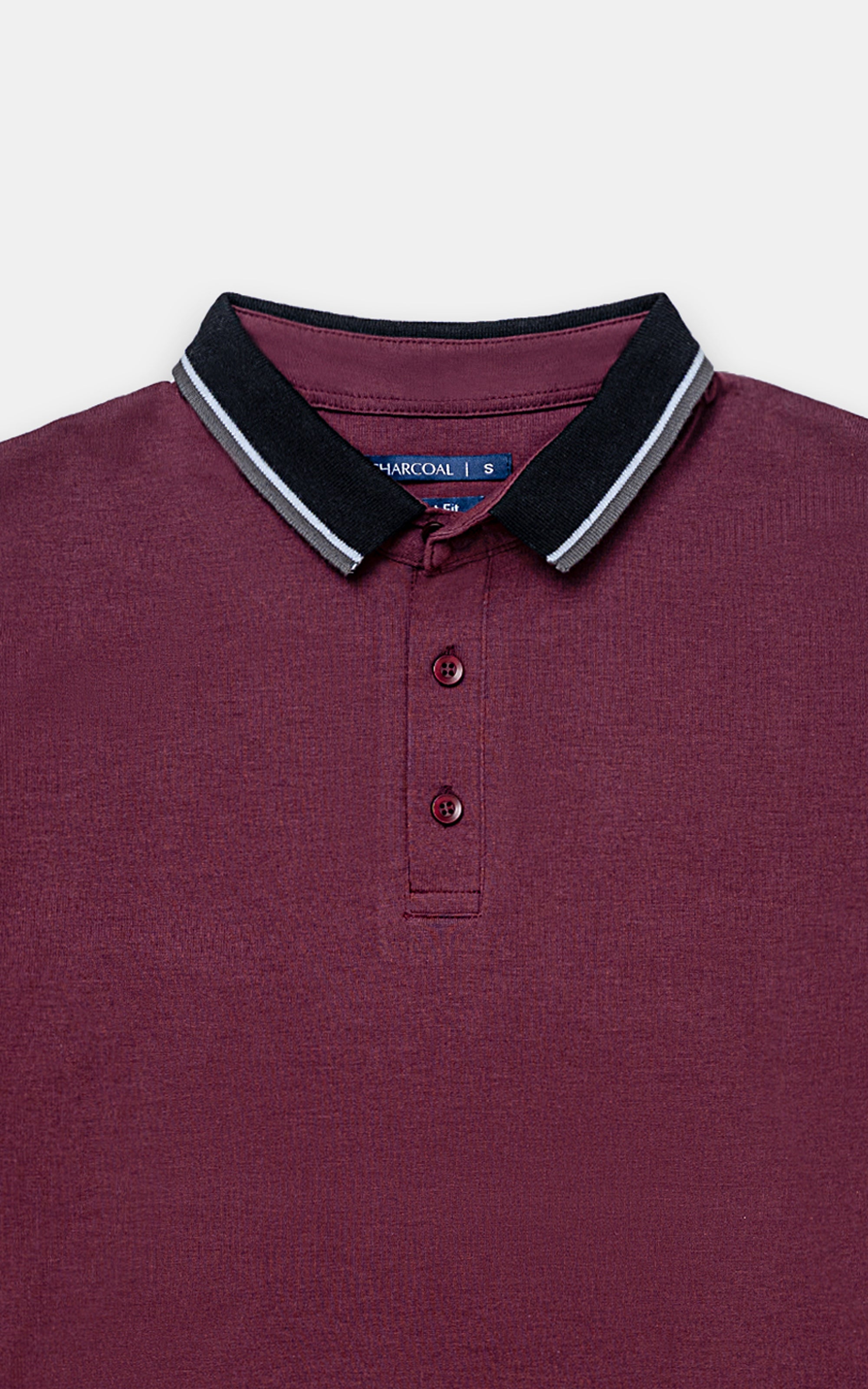 Maroon polo shirt collar with striped trim and buttoned placket