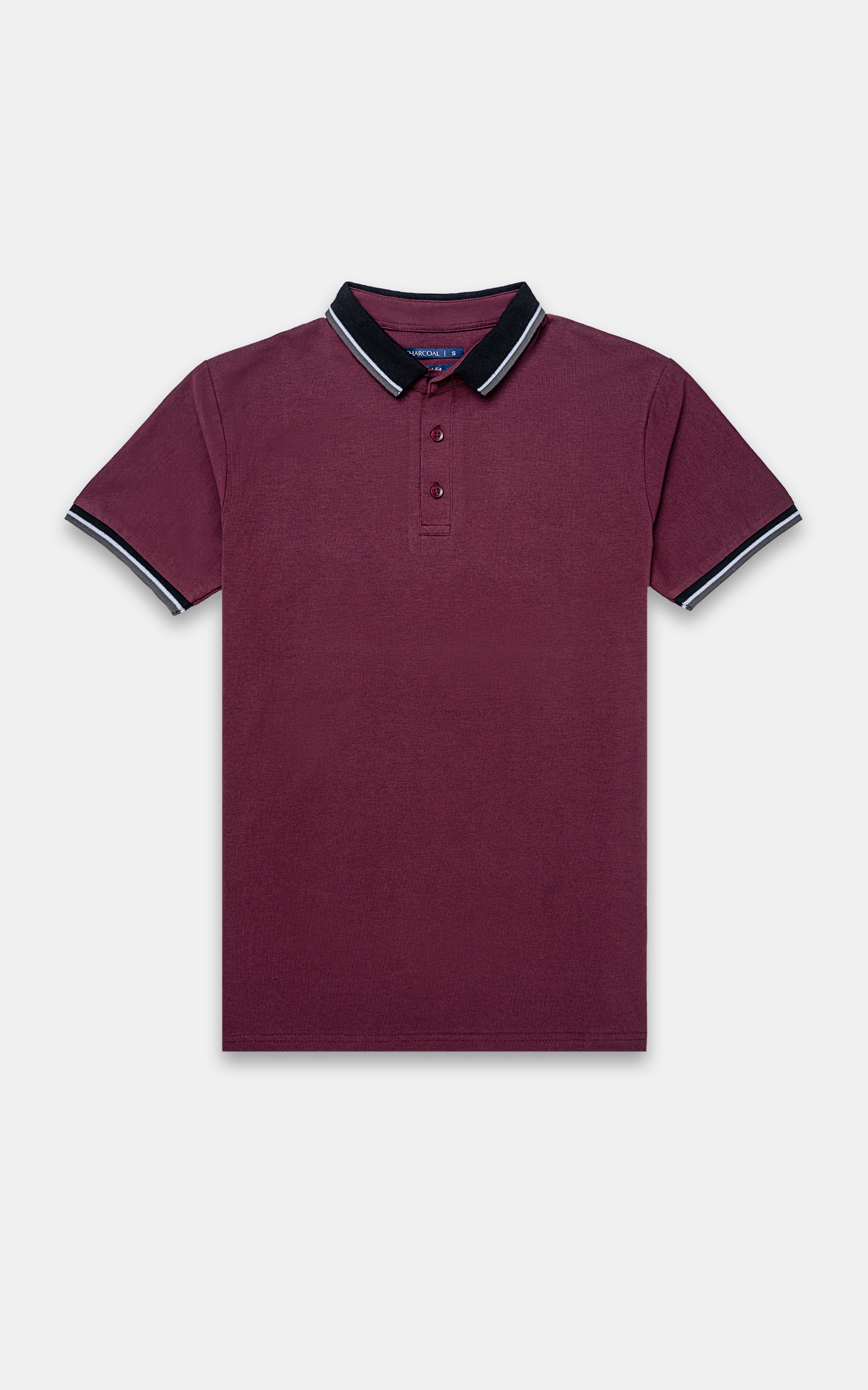 Maroon polo shirt with contrast striped collar and three-button placket