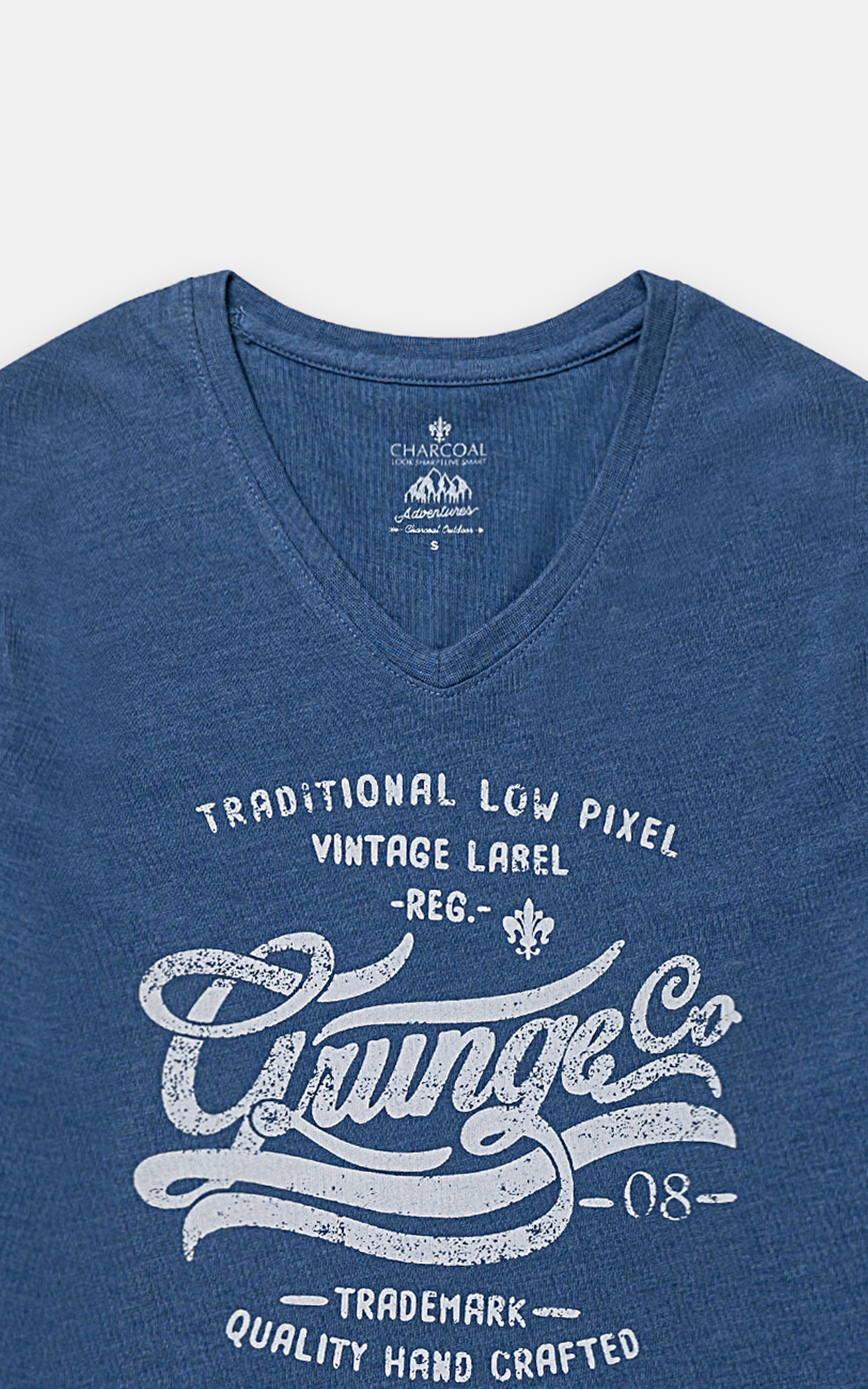 Blue V-neck T-shirt with front vintage label graphic close-up