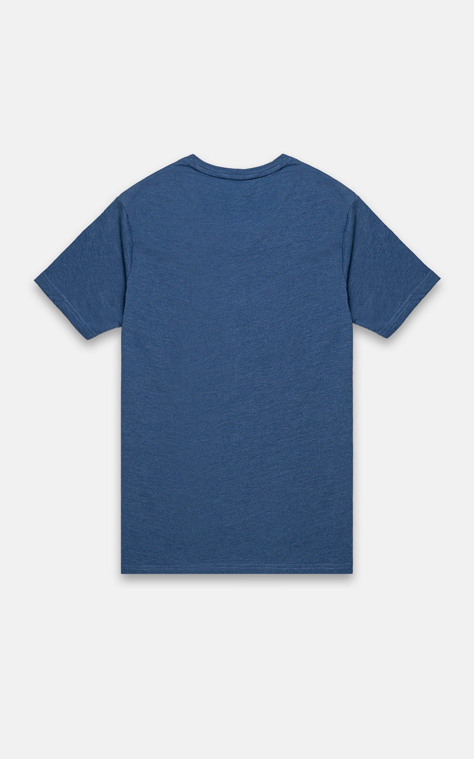 Blue T-shirt back view with plain fabric and crew neckline