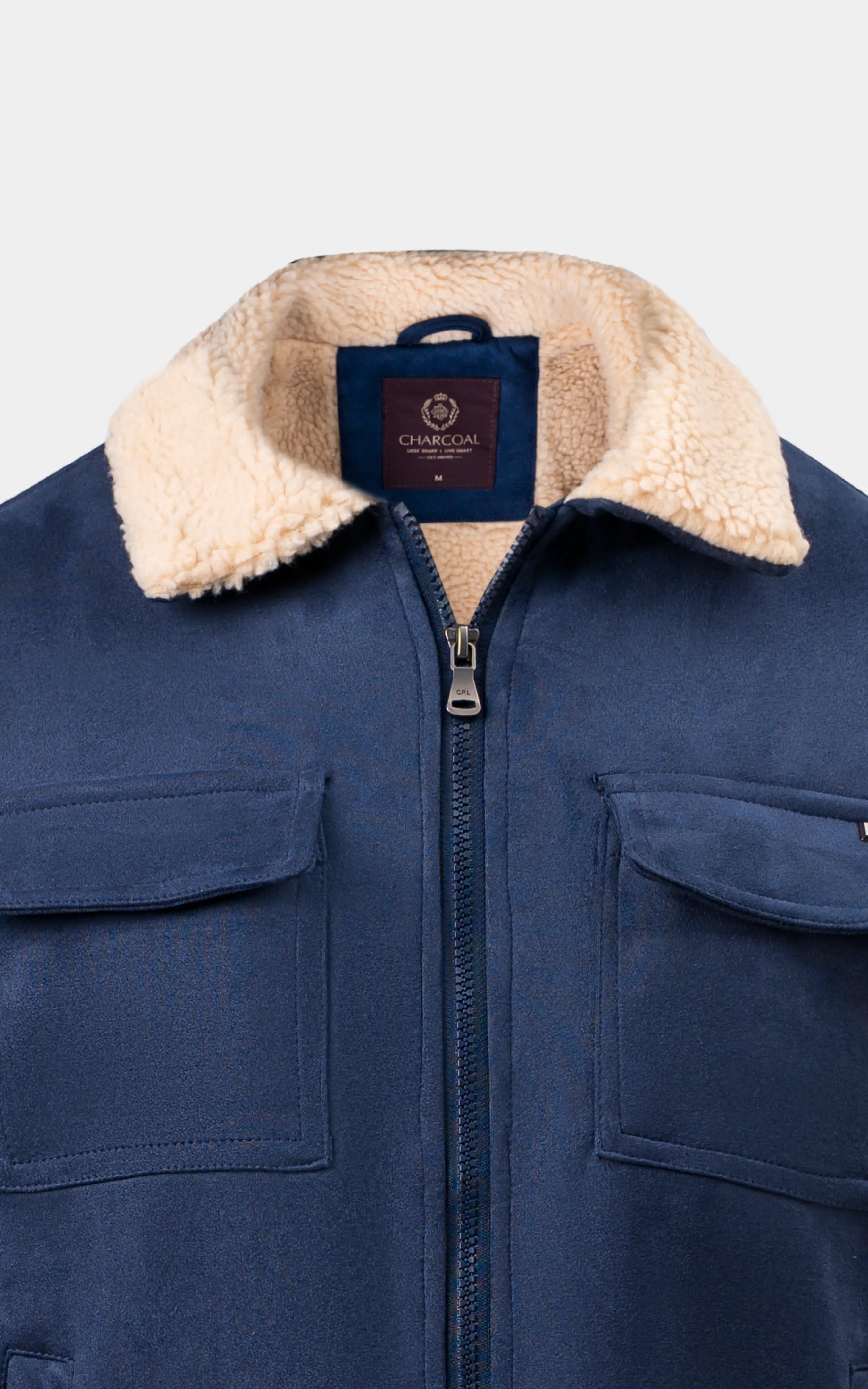 SMART FIT FULLSLEEVE FUR COLLAR SUEDE JACKET BLUE