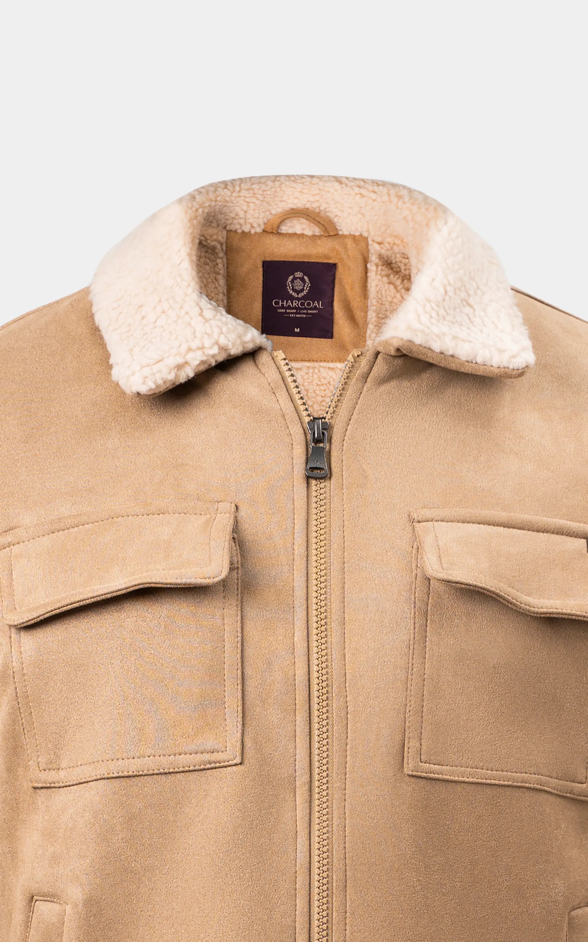 SMART FIT FULLSLEEVE FUR COLLAR SUEDE JACKET KHAKI