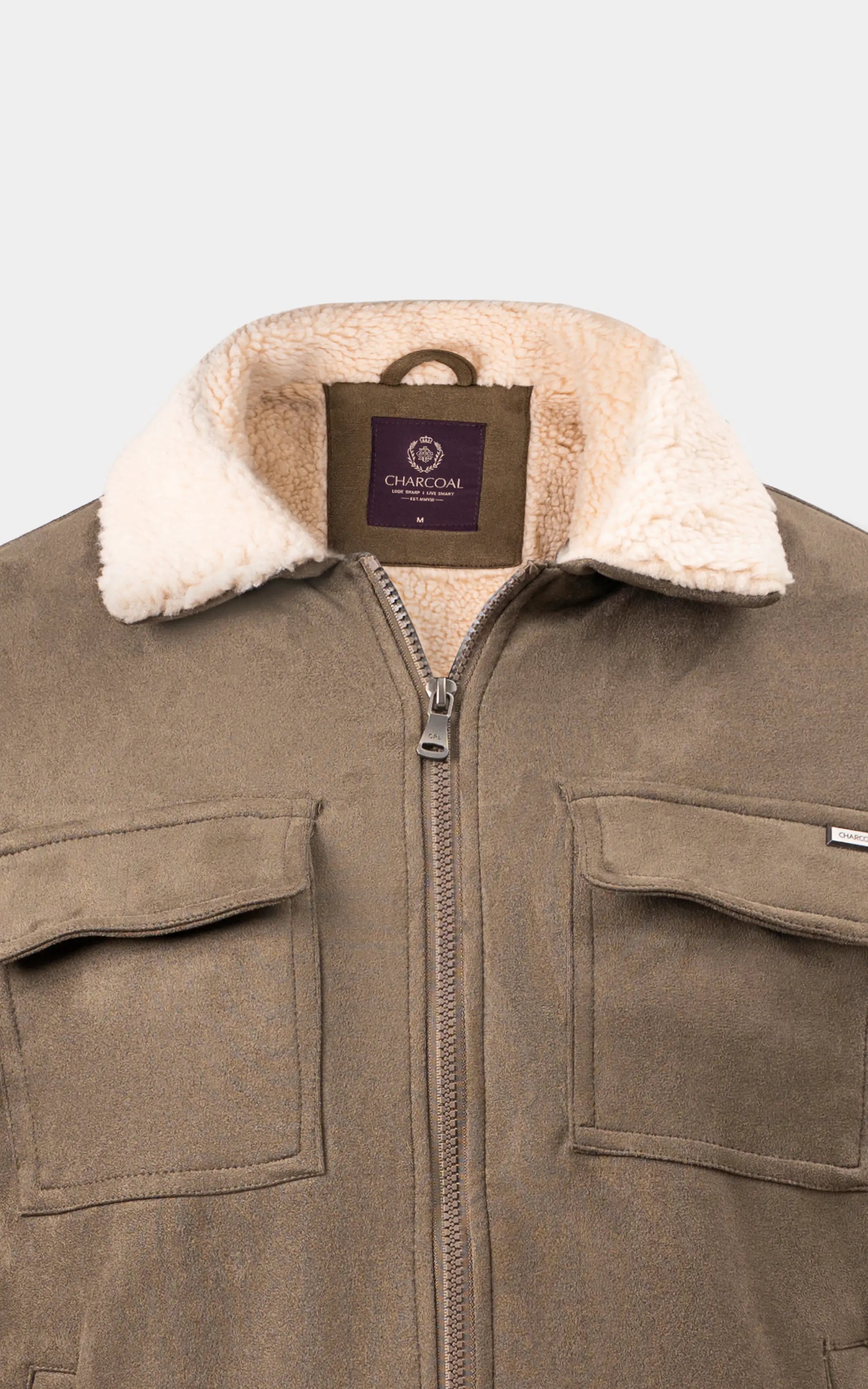 SMART FIT FULLSLEEVE FUR COLLAR SUEDE JACKET OLIVE