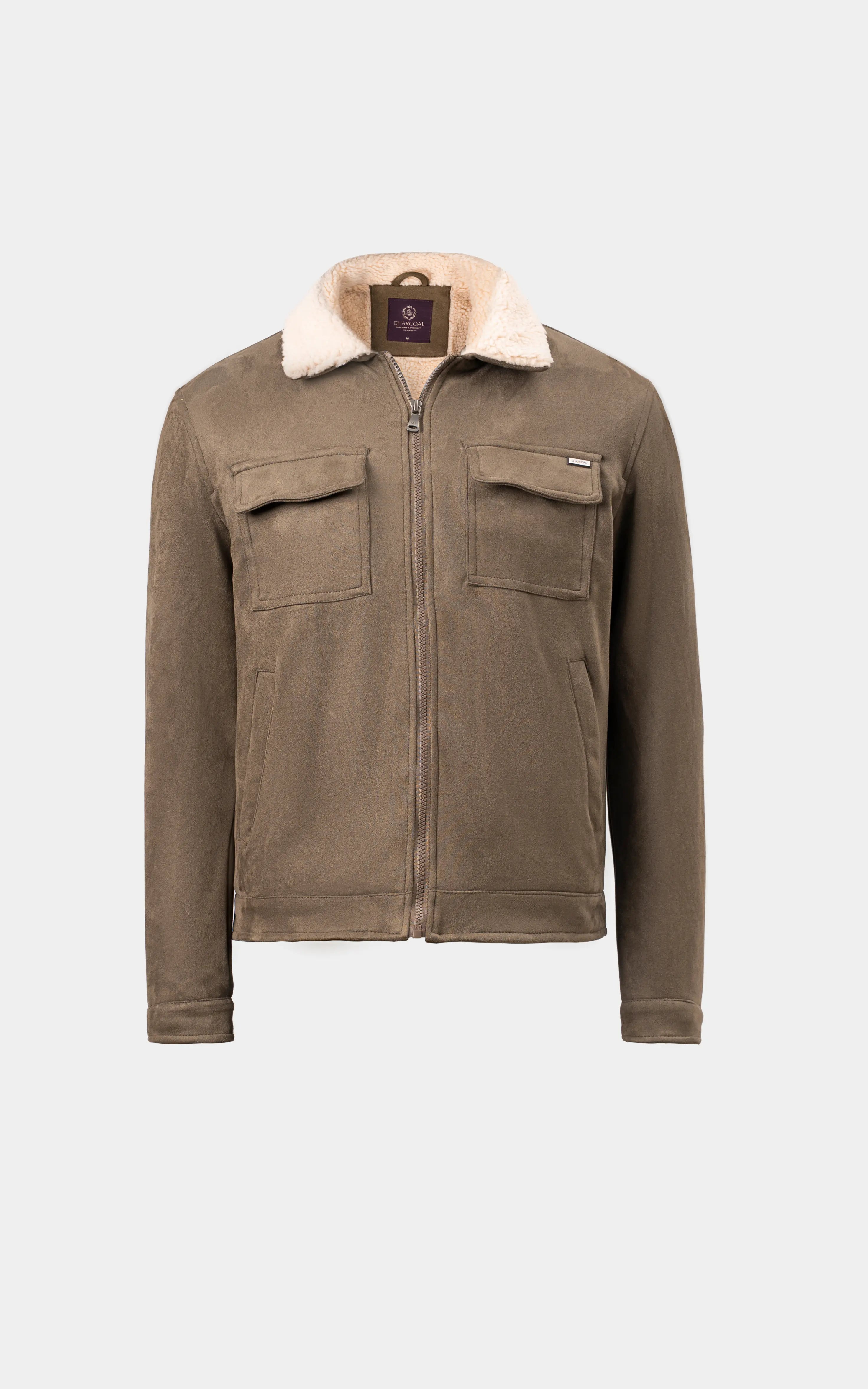 SMART FIT FULLSLEEVE FUR COLLAR SUEDE JACKET OLIVE