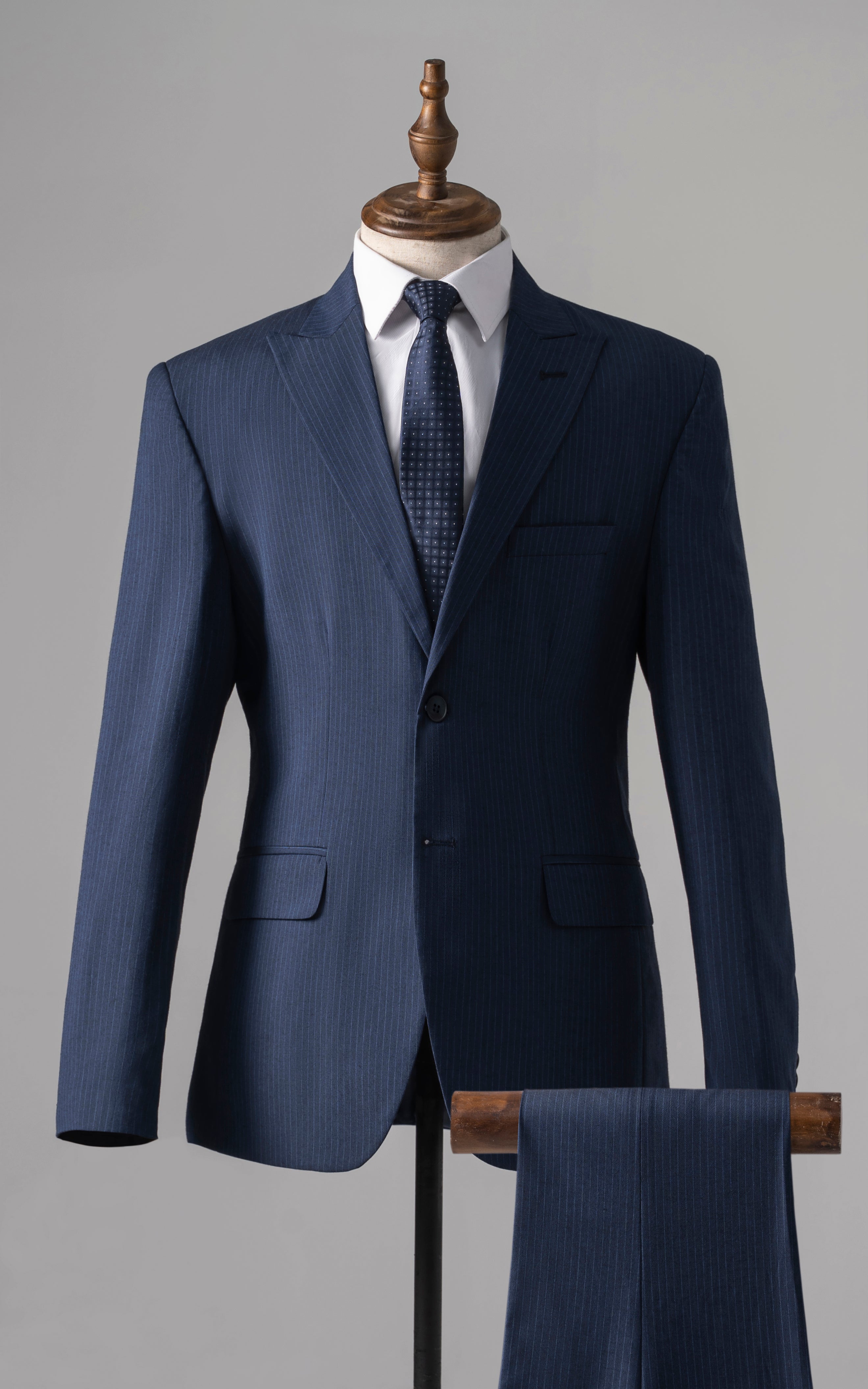 Navy pinstripe suit jacket with matching trousers, two-piece premium set