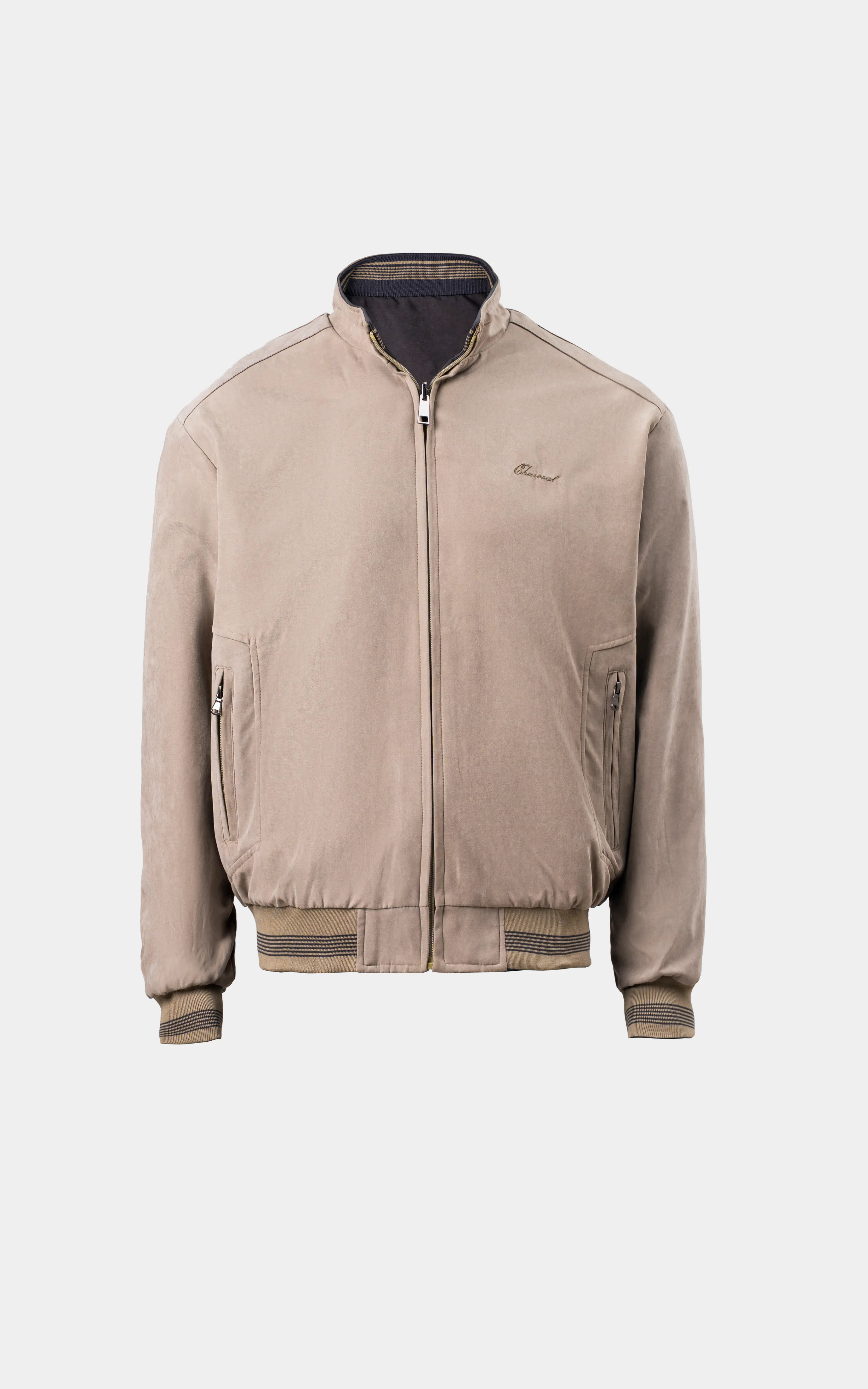 REVERSIBLE BAN COLLAR JACKET LIGHT OLIVE CHARCOAL GREY