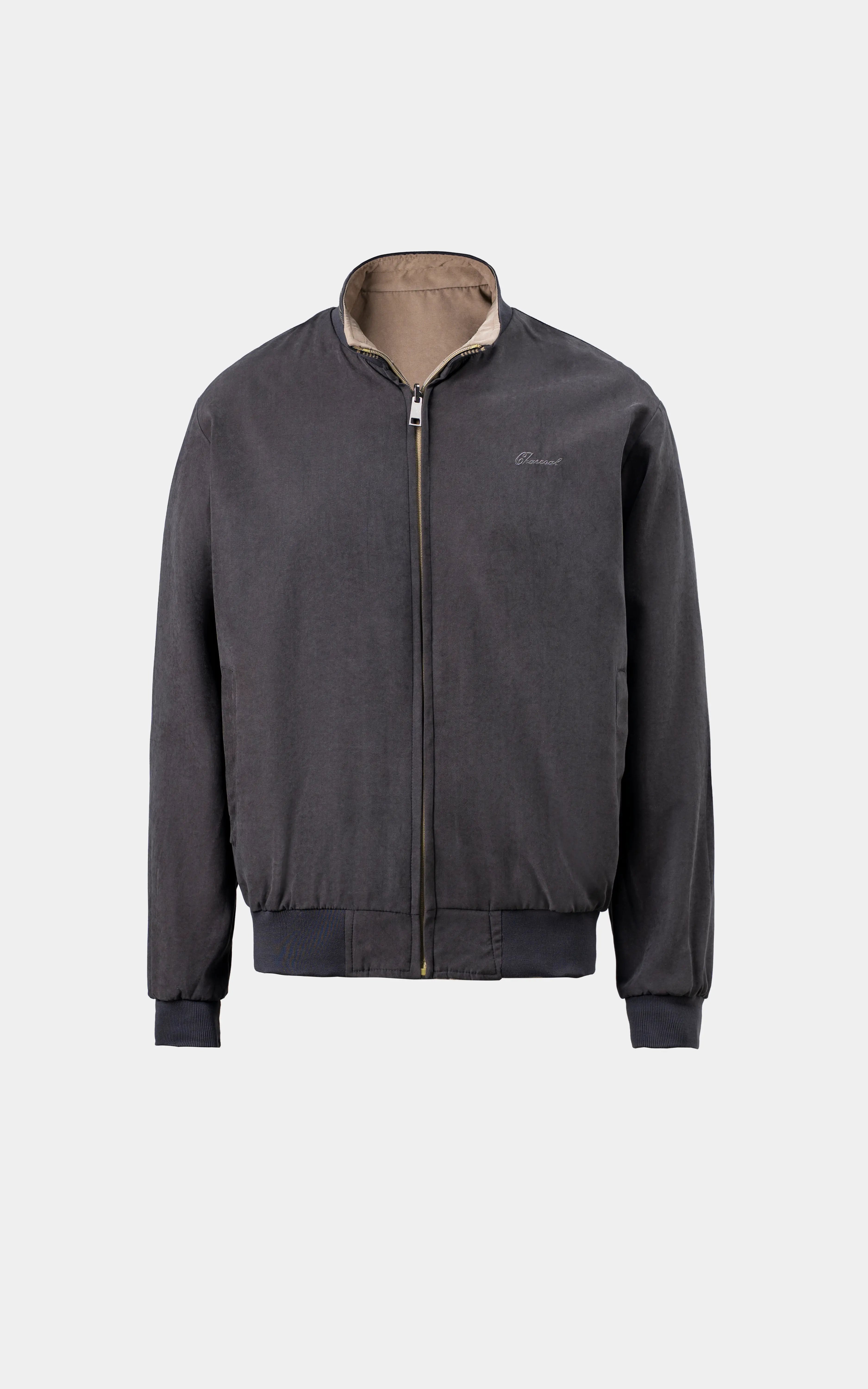 REVERSIBLE BAN COLLAR JACKET LIGHT OLIVE CHARCOAL GREY