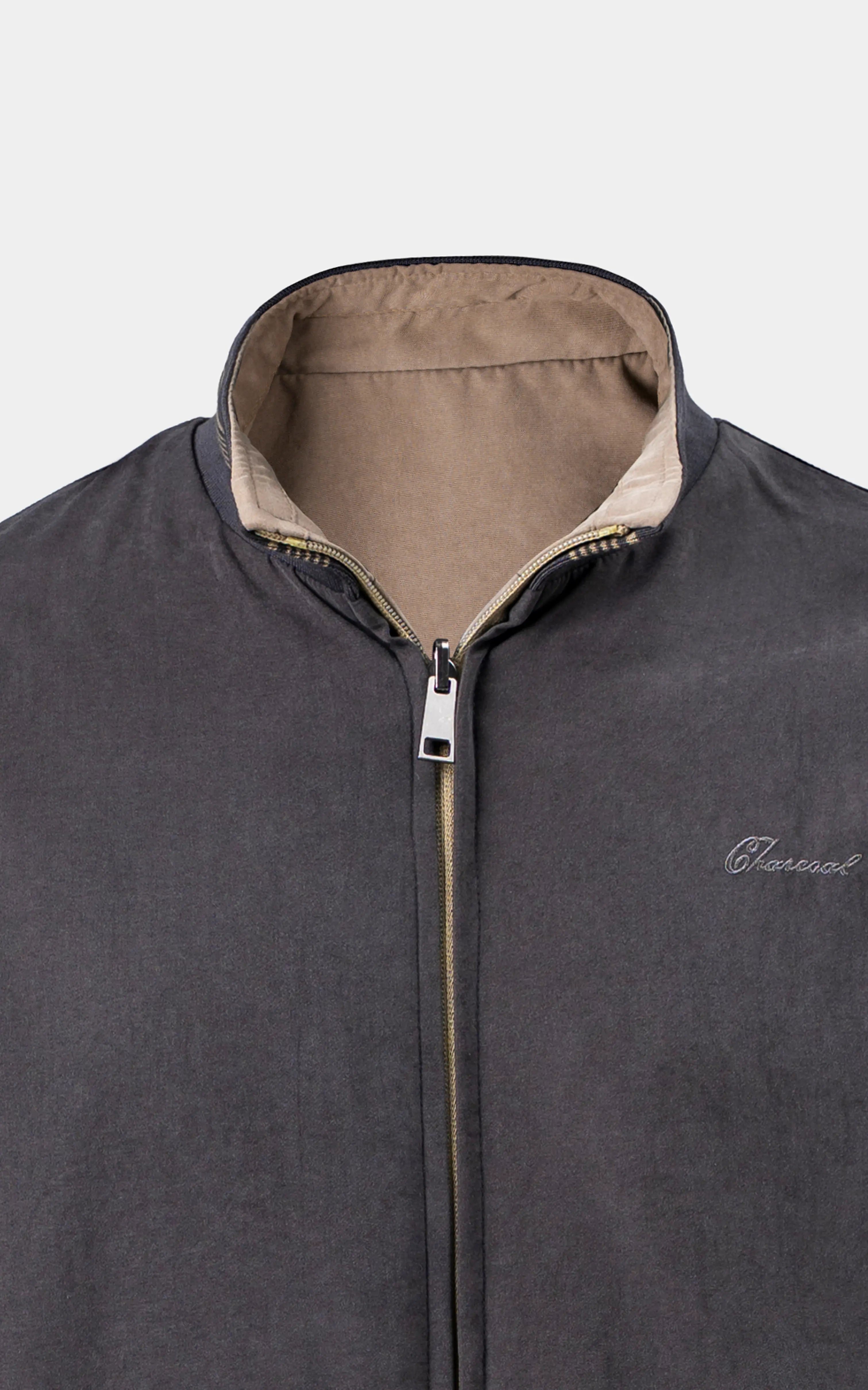 REVERSIBLE BAN COLLAR JACKET LIGHT OLIVE CHARCOAL GREY