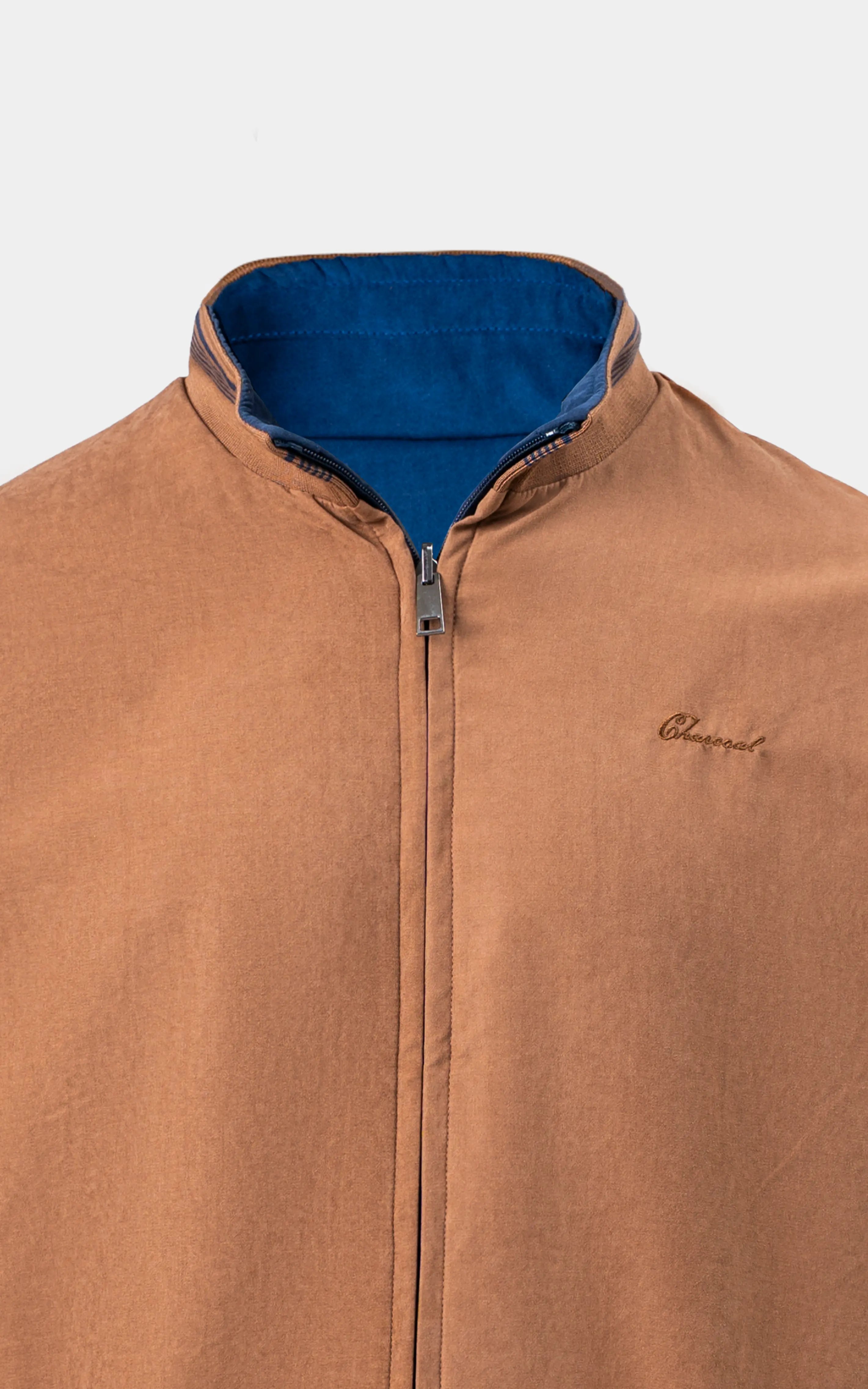 REVERSIBLE BAN COLLAR JACKET BLUE BROWN