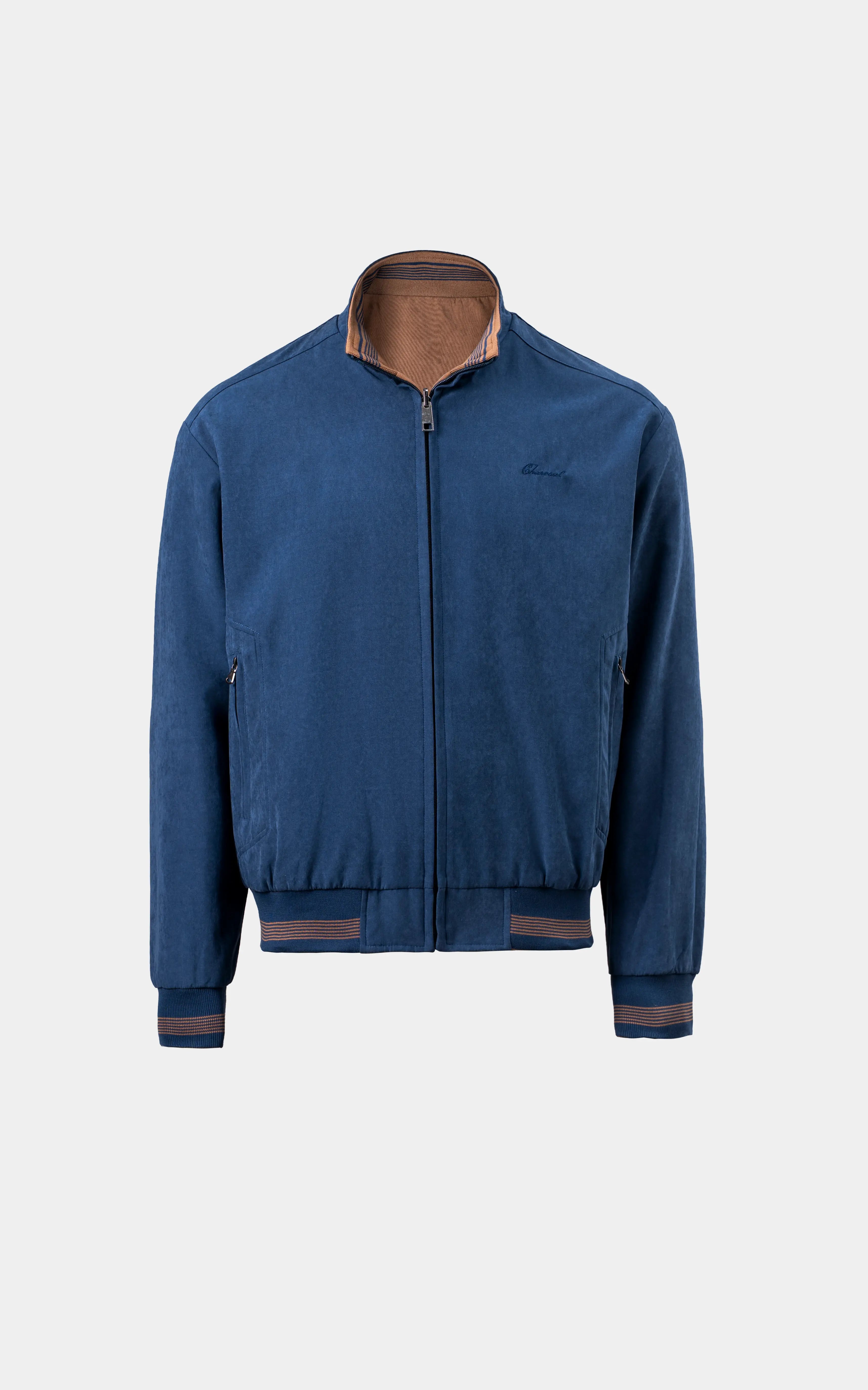 REVERSIBLE BAN COLLAR JACKET BLUE BROWN