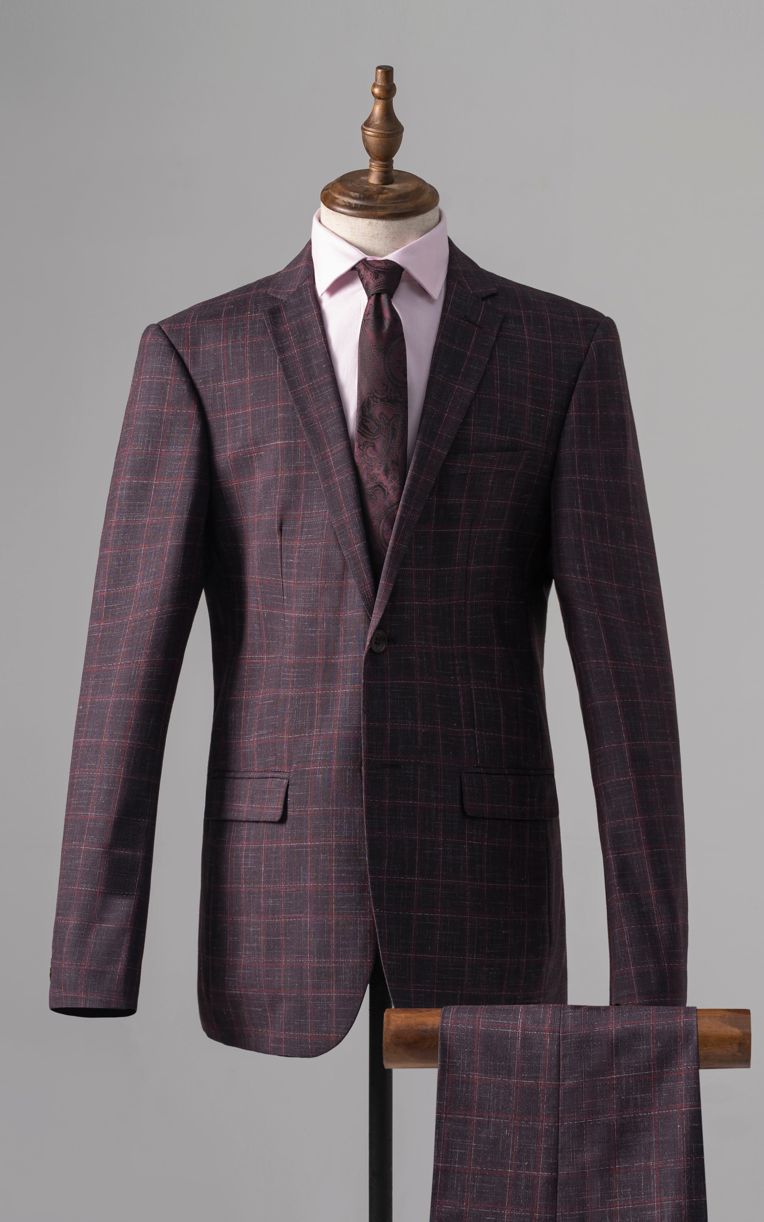 Maroon check slim-fit two-piece suit with matching trousers and dress shirt