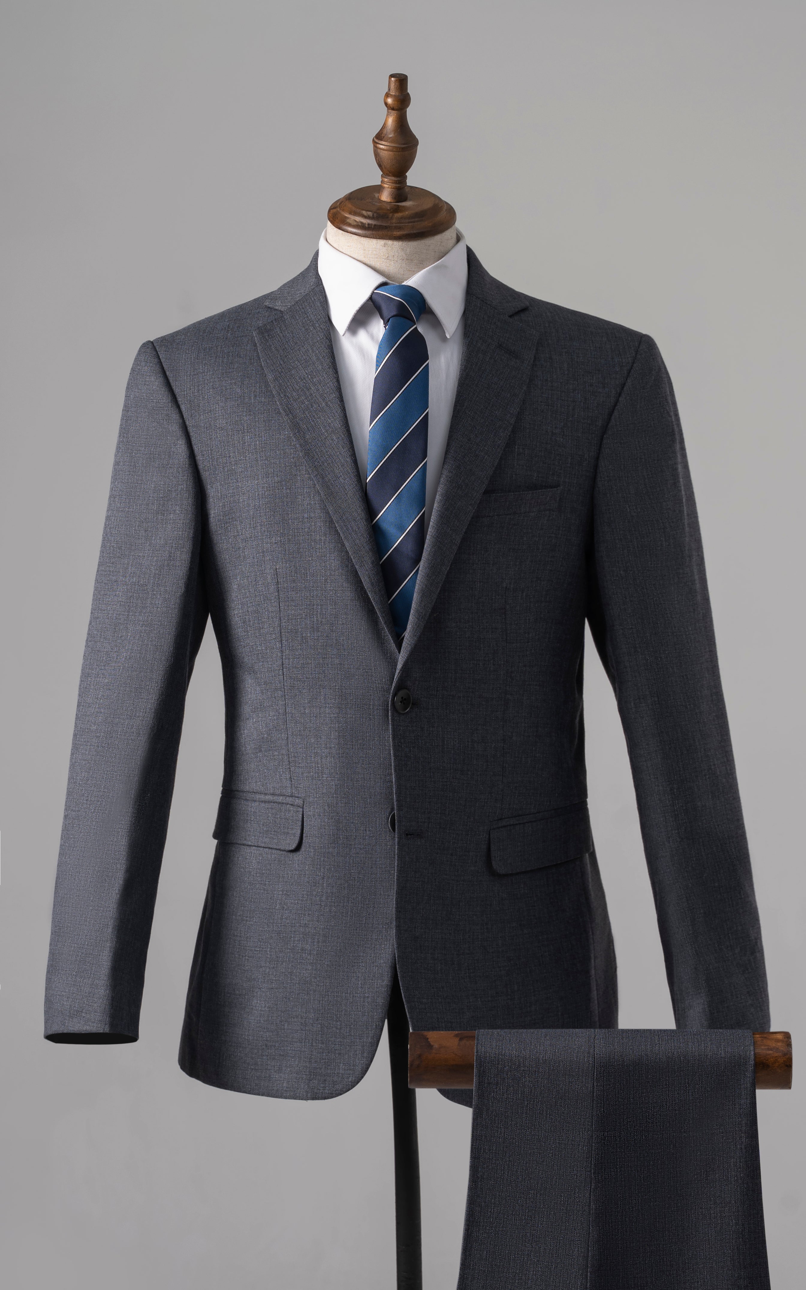 Bluish grey 3-piece suit set with striped tie and waistcoat