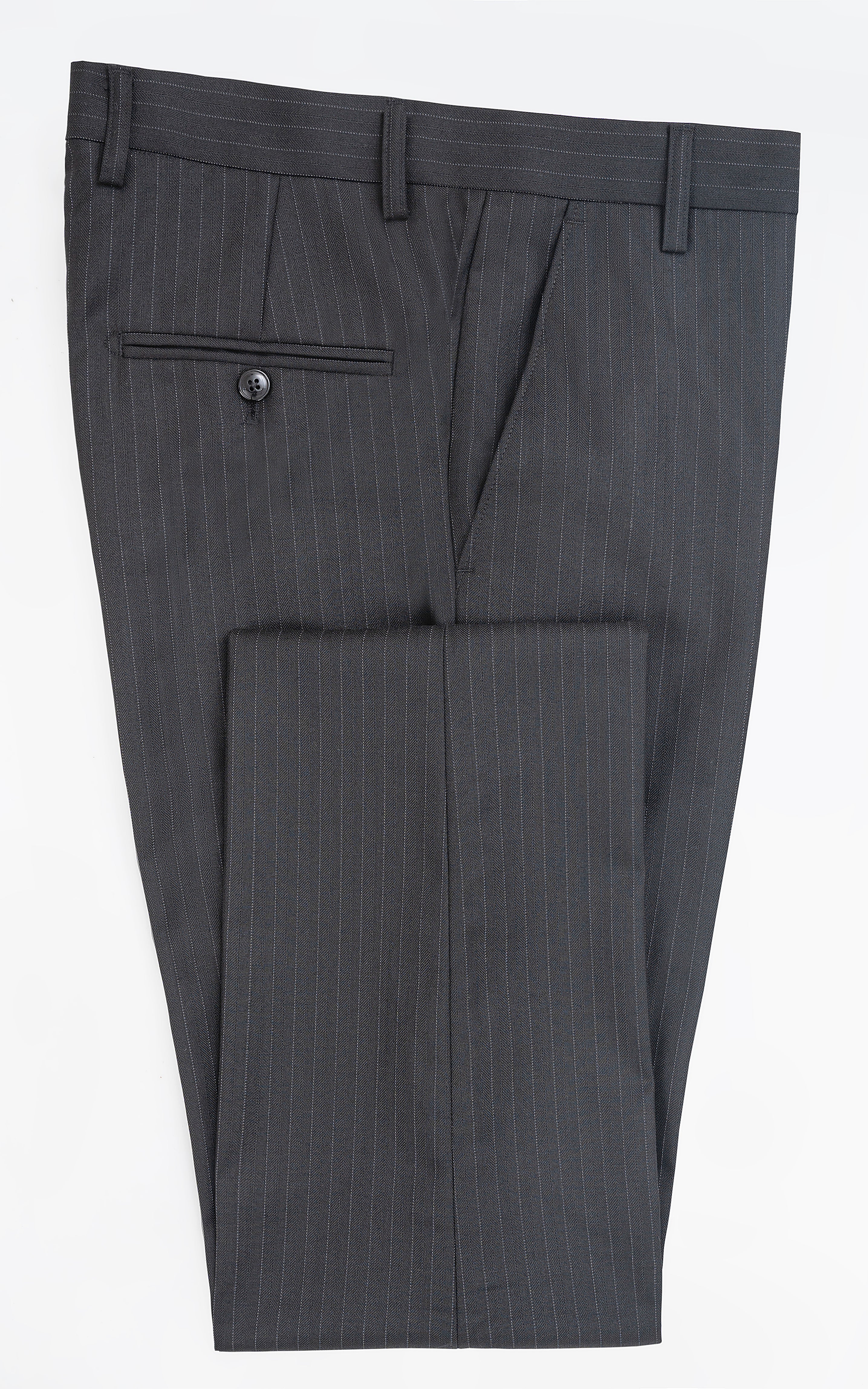 Slim-fit dress pants laid flat: vertical pinstripes, front pleats, belt loops, cuffed hem
