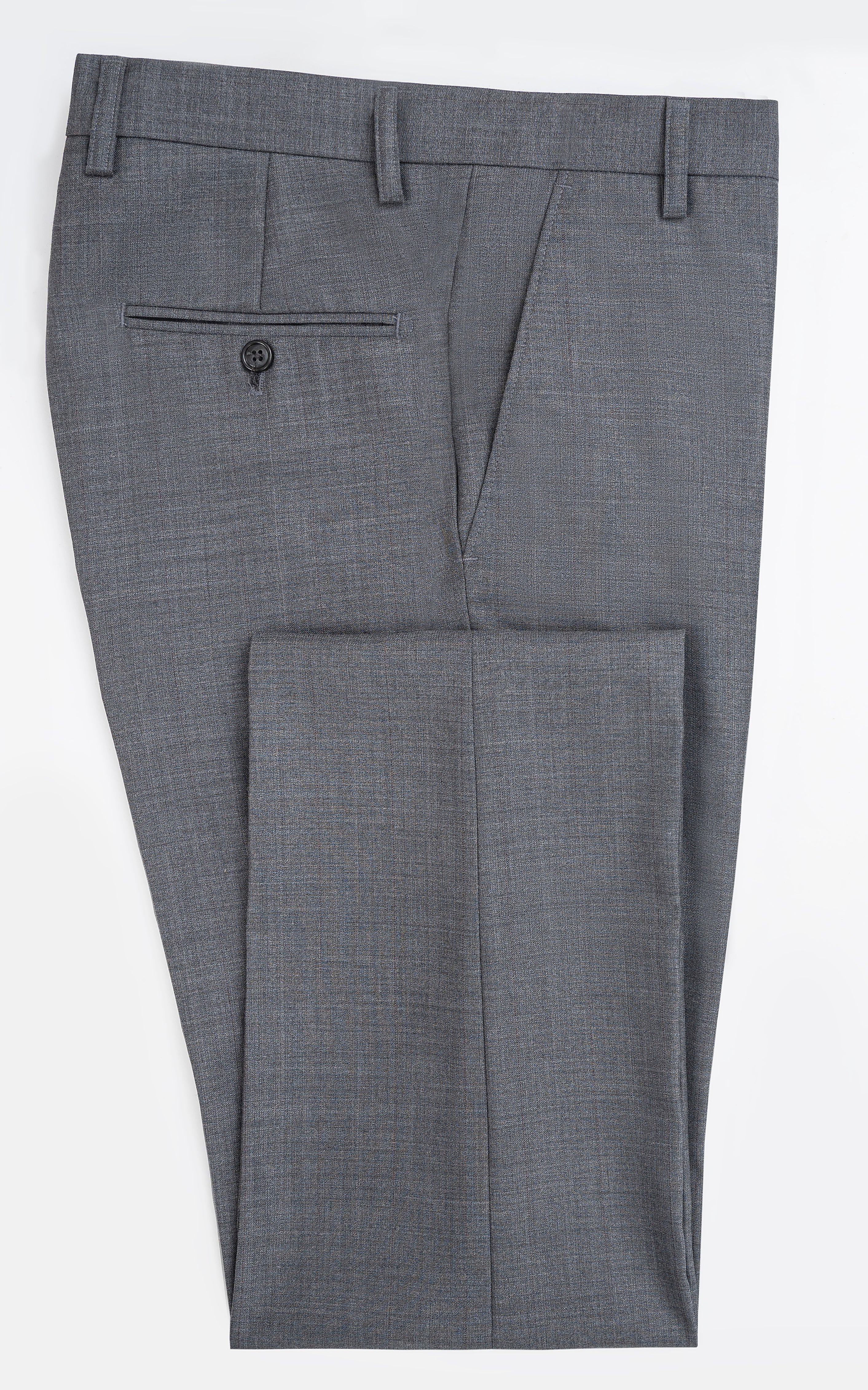 Grey slim-fit dress pants, pressed front crease and side pockets