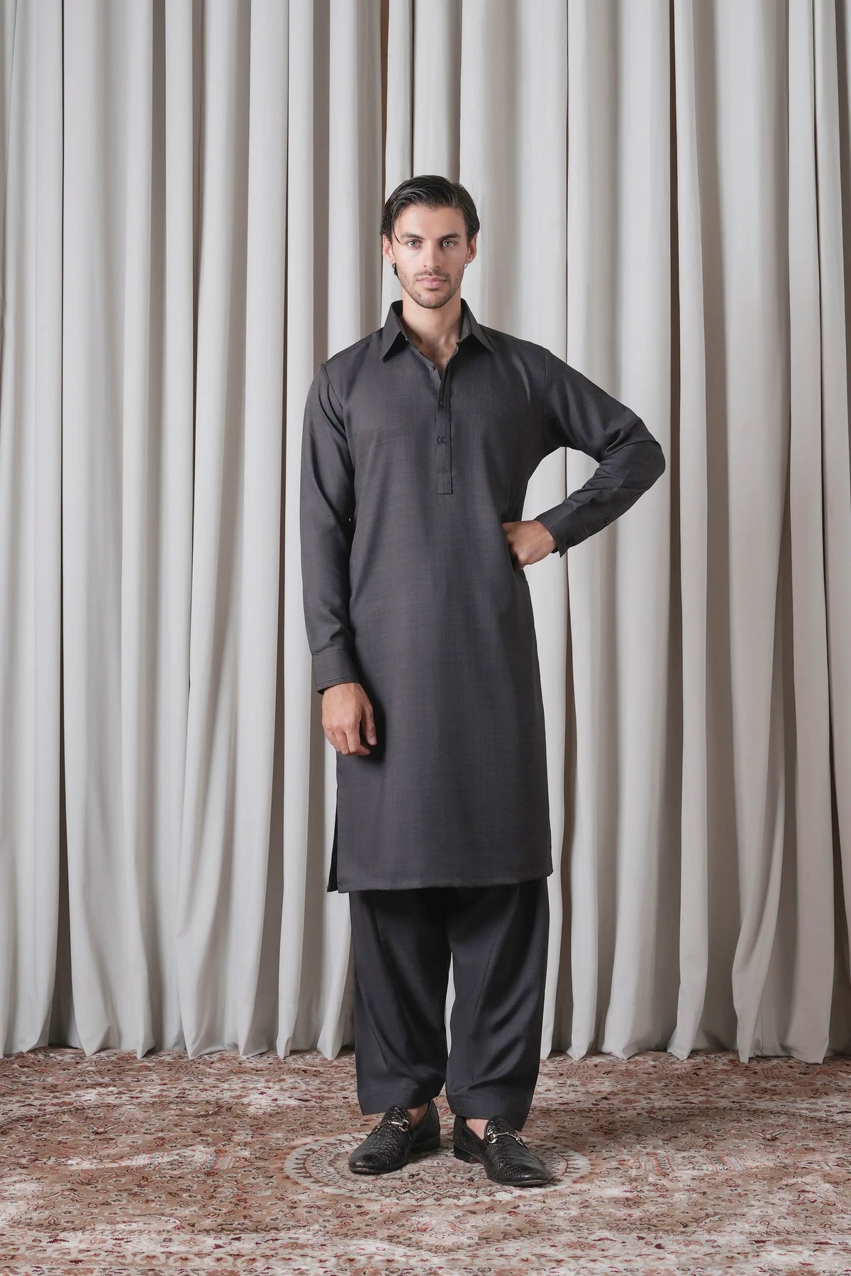 Charcoal grey kameez and shalwar set with button-front placket, front view