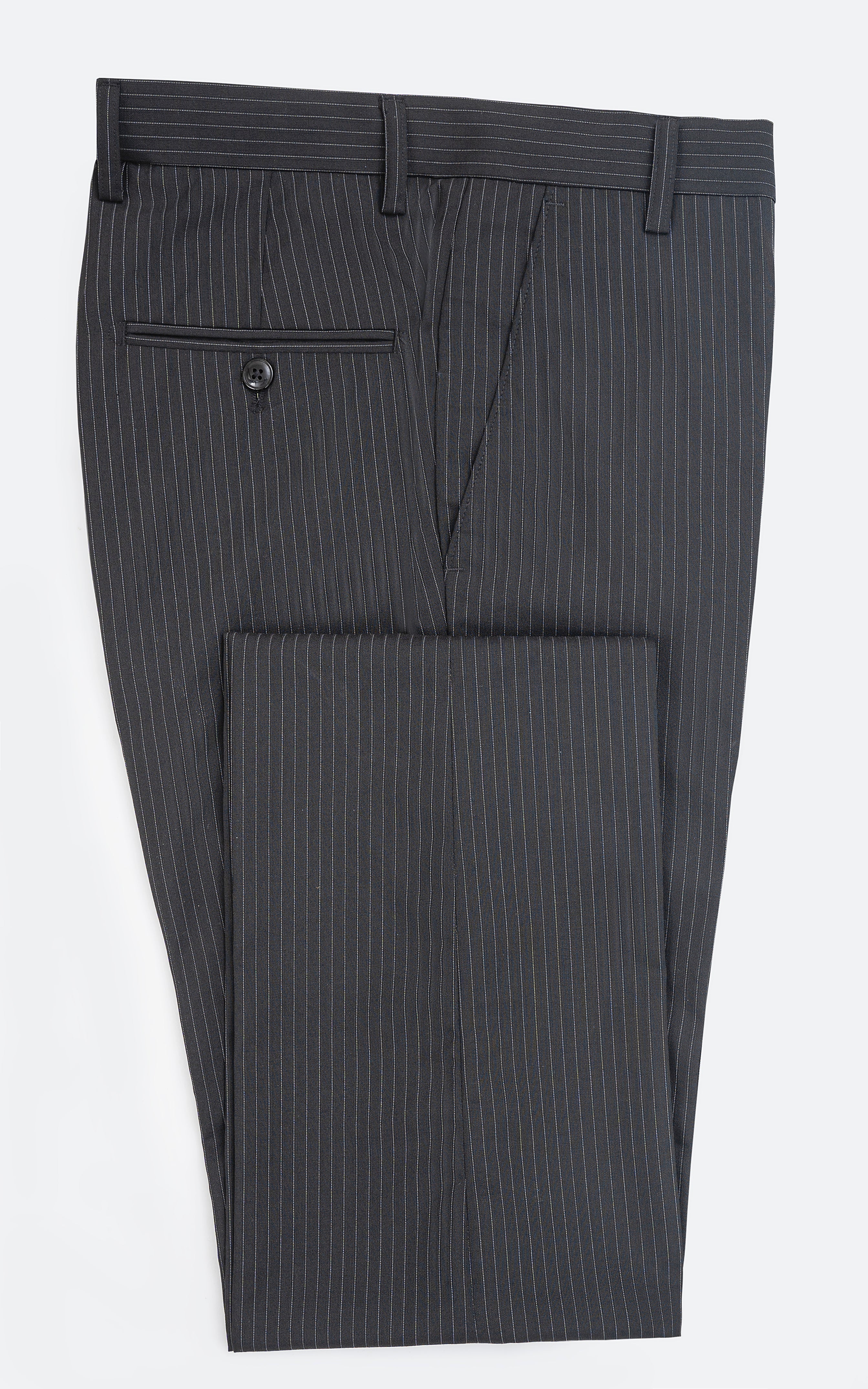 Black pinstripe dress pants, waistband with belt loops and button fly