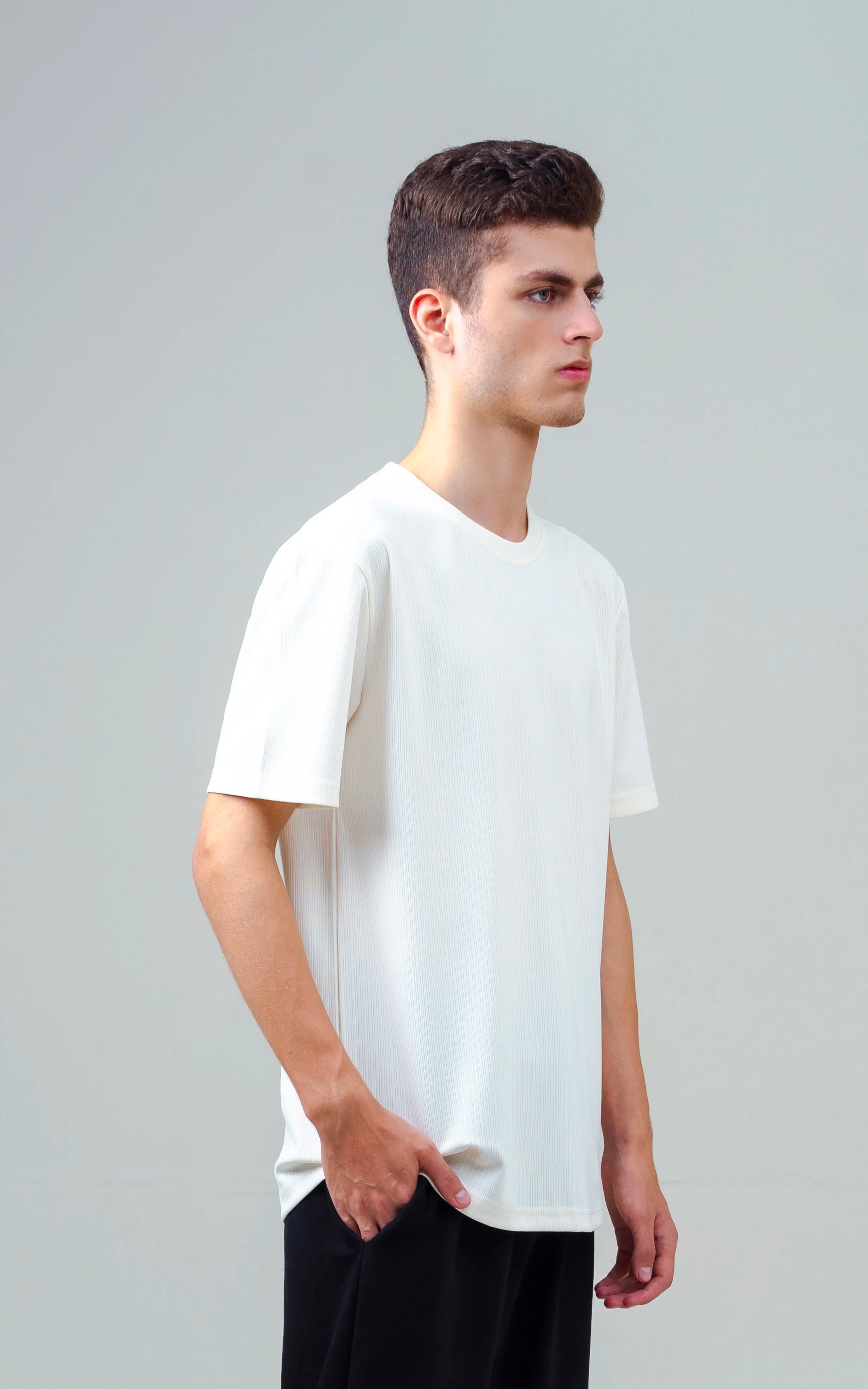 SELF STRIPED CREW NECK T SHIRT OFF WHITE