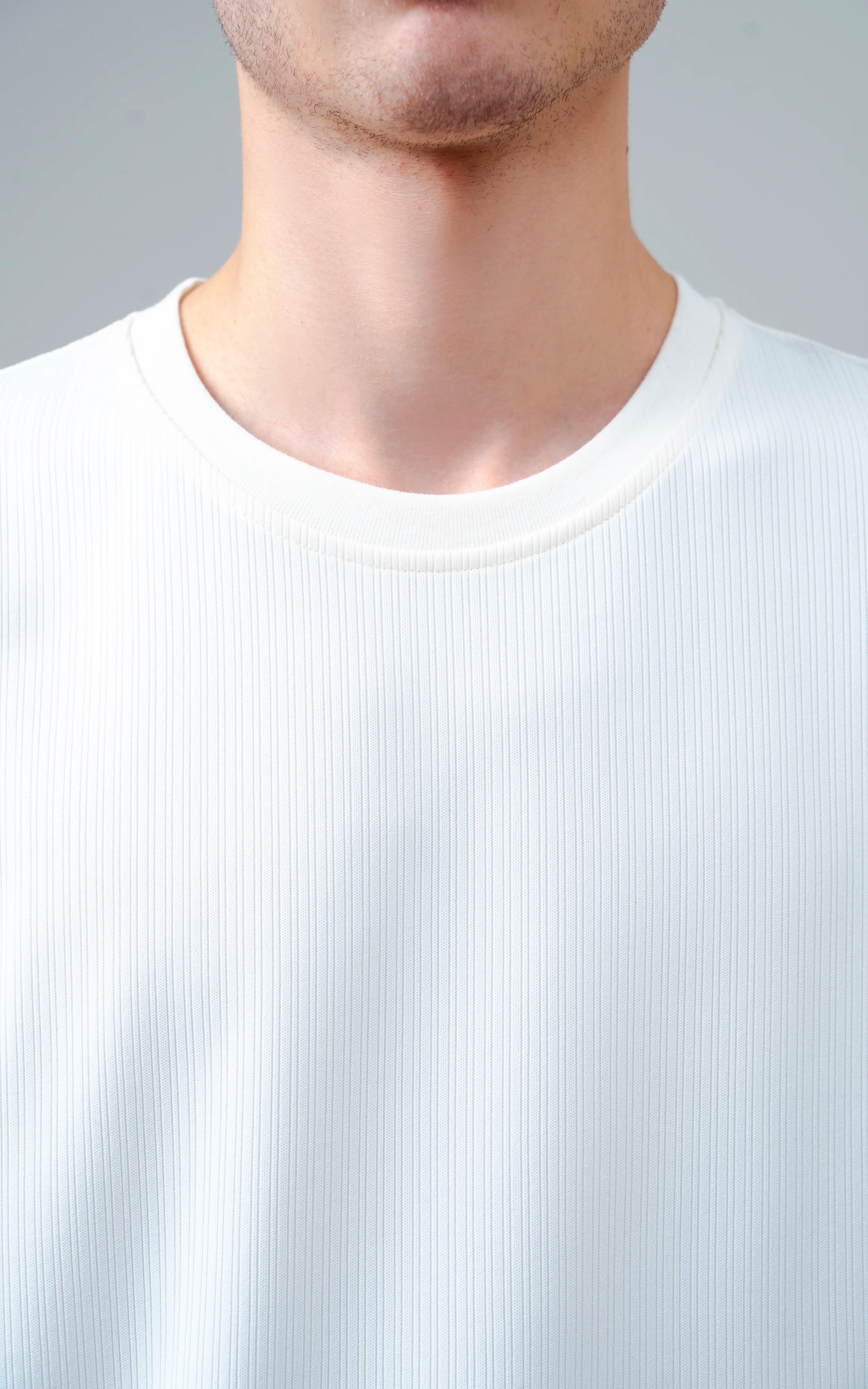 SELF STRIPED CREW NECK T SHIRT OFF WHITE