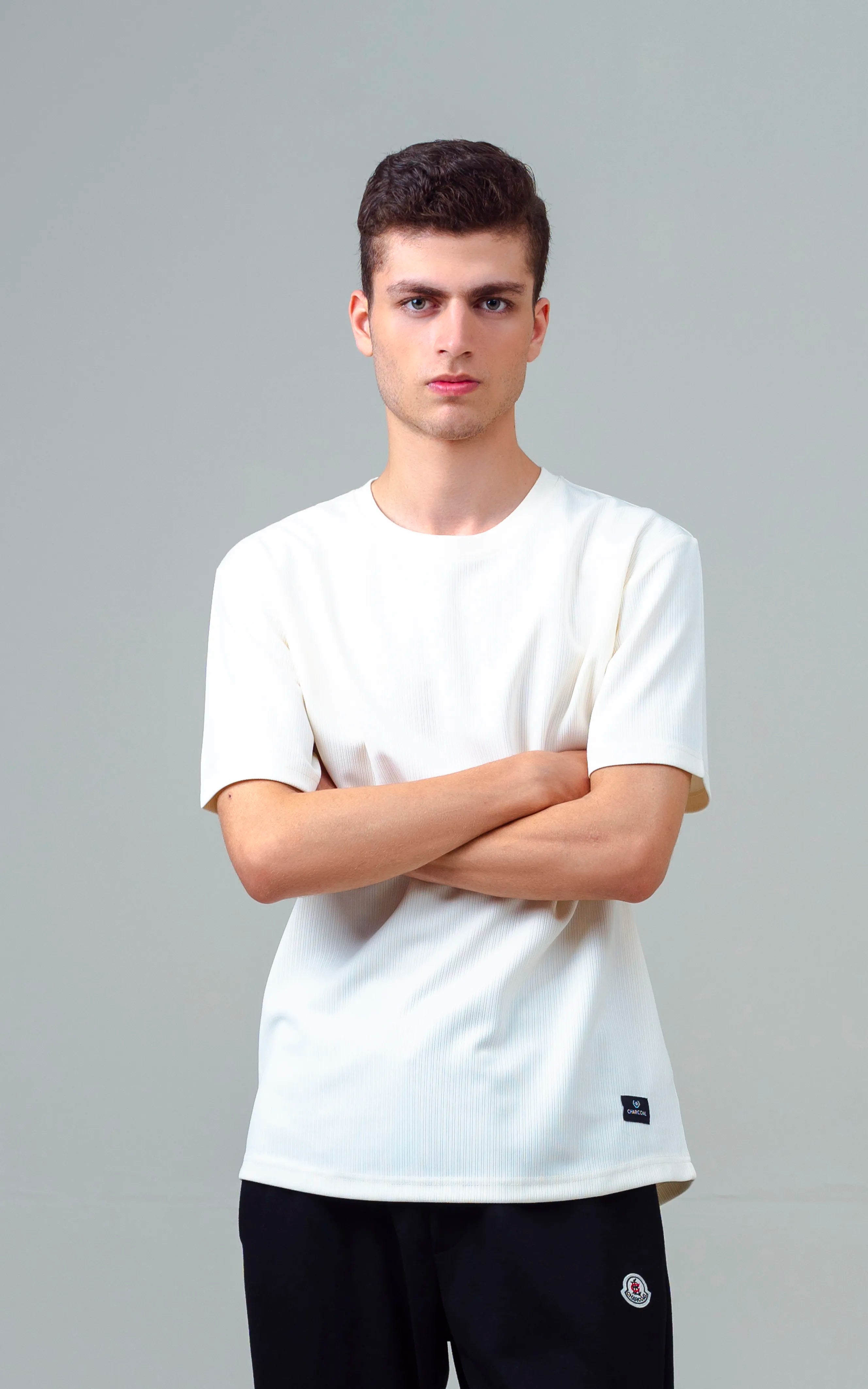 SELF STRIPED CREW NECK T SHIRT OFF WHITE