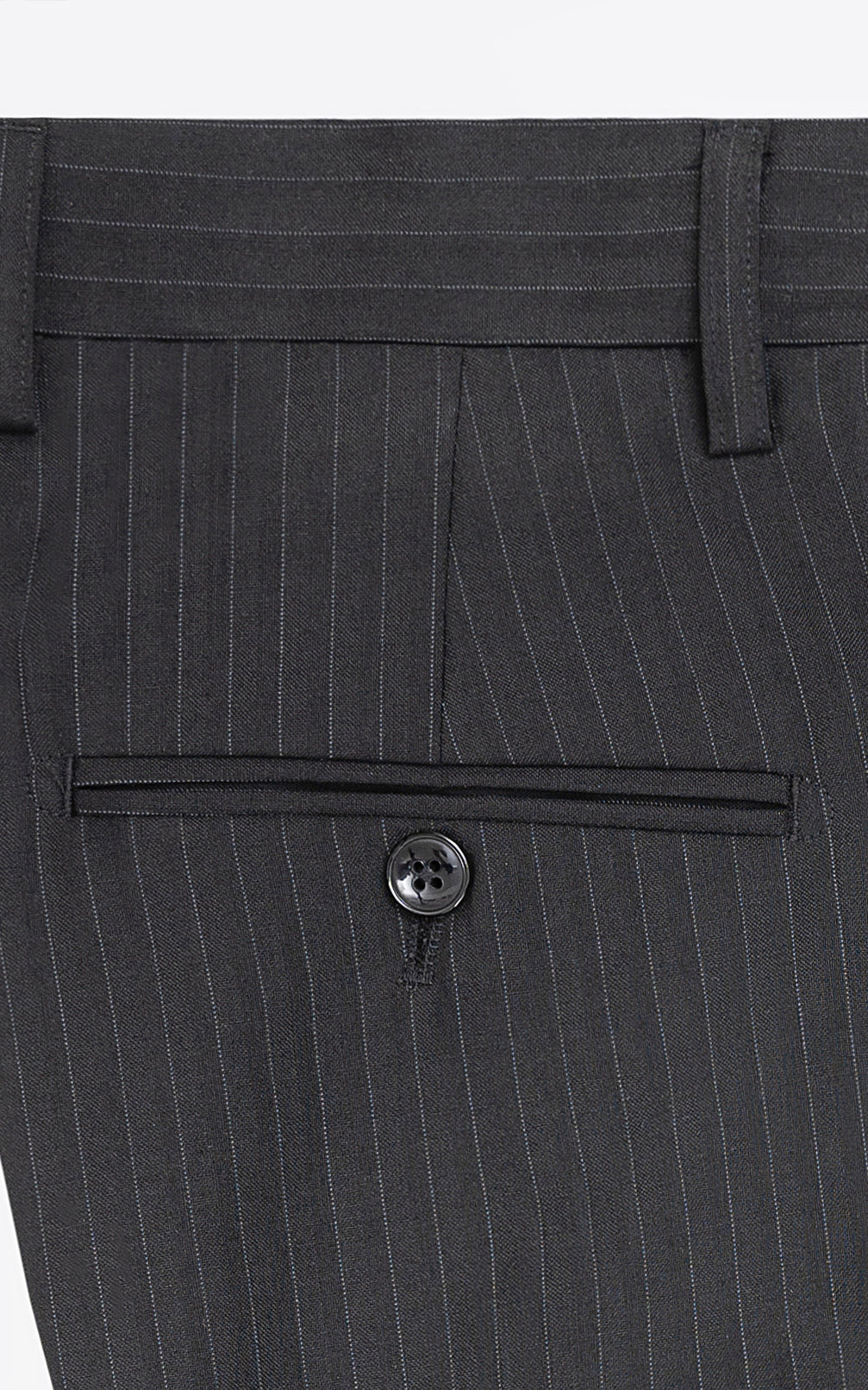 Slim-fit black pinstripe dress pants with coin pocket and button