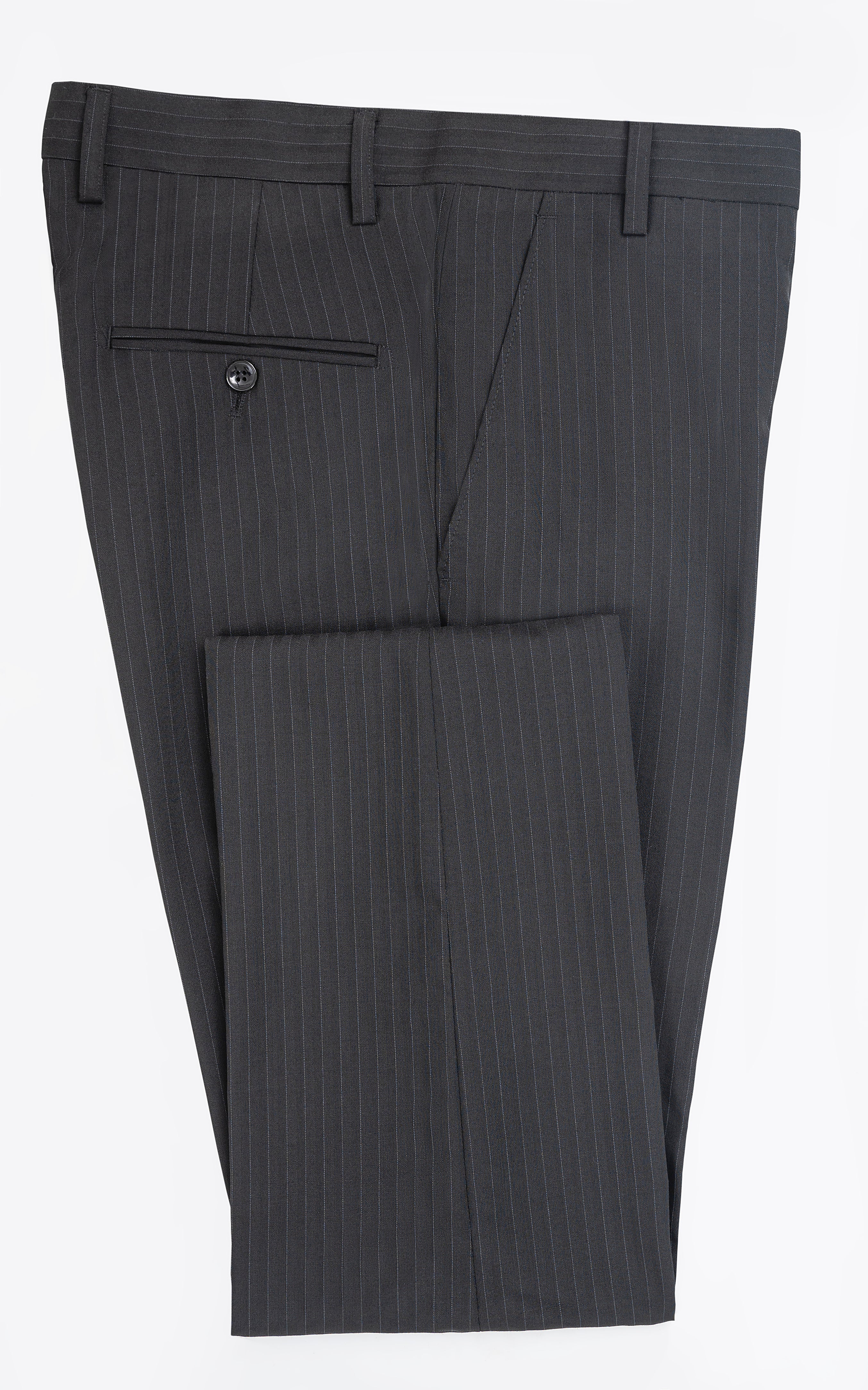 Slim-fit black pinstripe dress pants with zip fly and side pockets