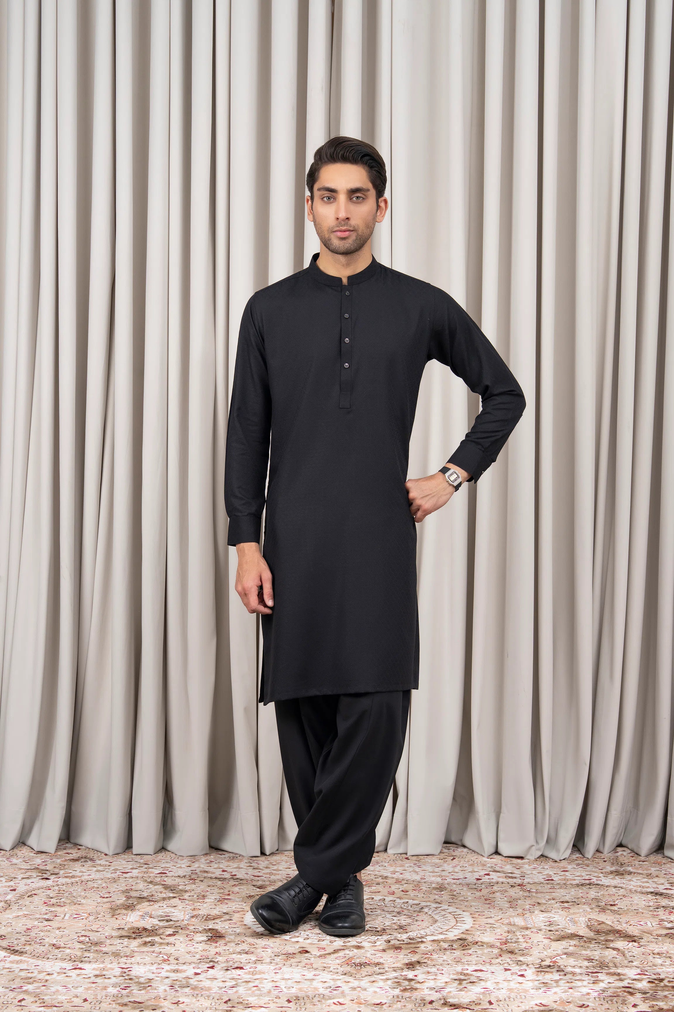 JACQUARD BLENDED KAMEEZ SHALWAR - SIGNATURE COLLECTION BLACK
