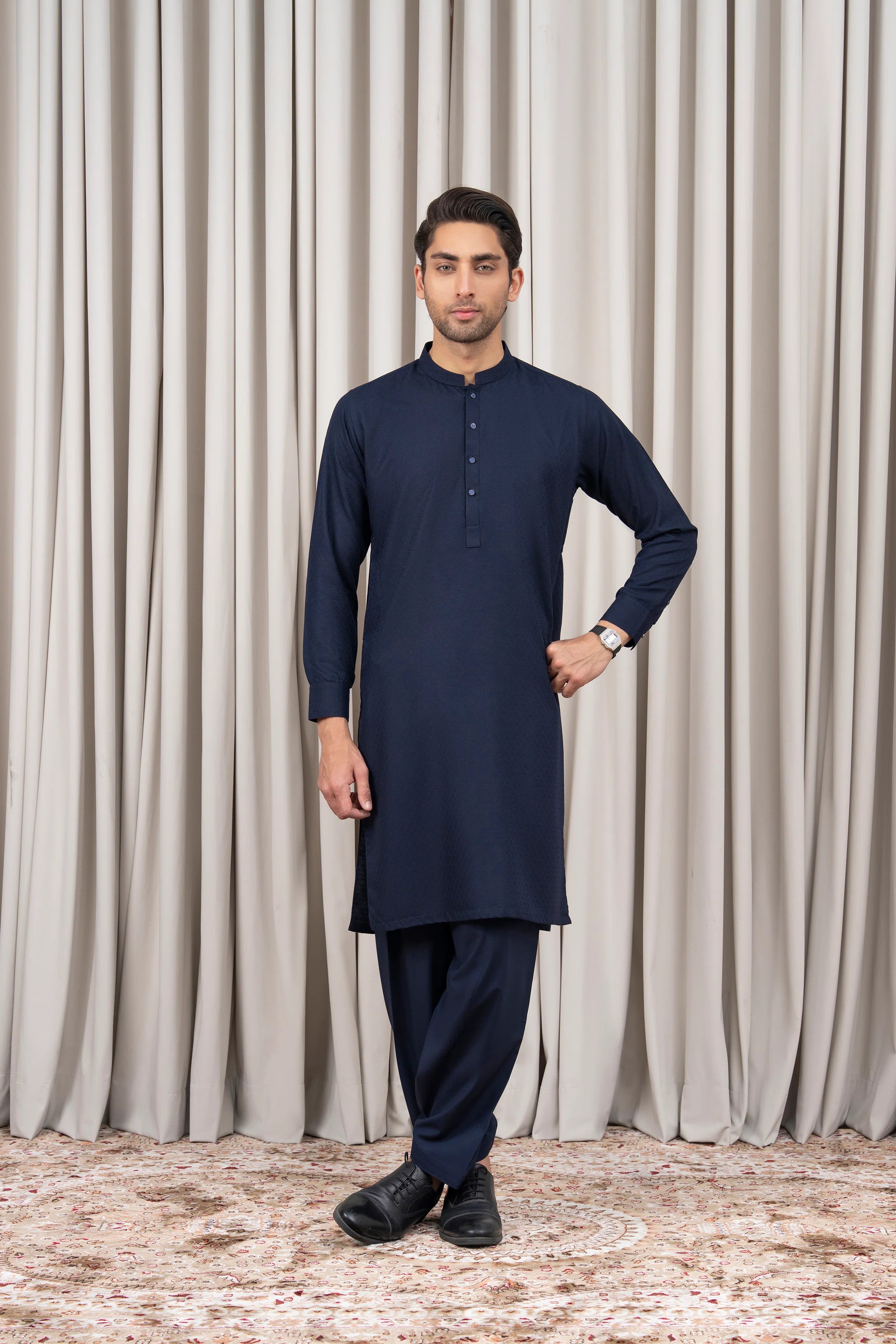JACQUARD BLENDED KAMEEZ SHALWAR - SIGNATURE COLLECTION NAVY