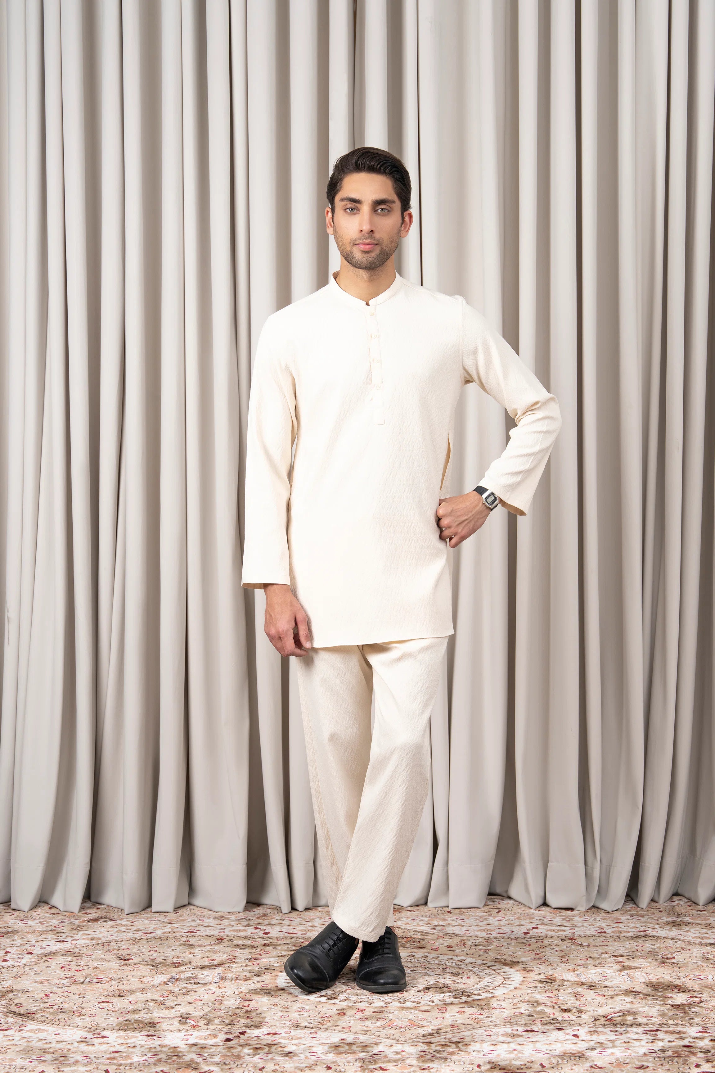 DOBBY TEXTURED KURTA PAJAMA - SIGNATURE COLLECTION CREAM
