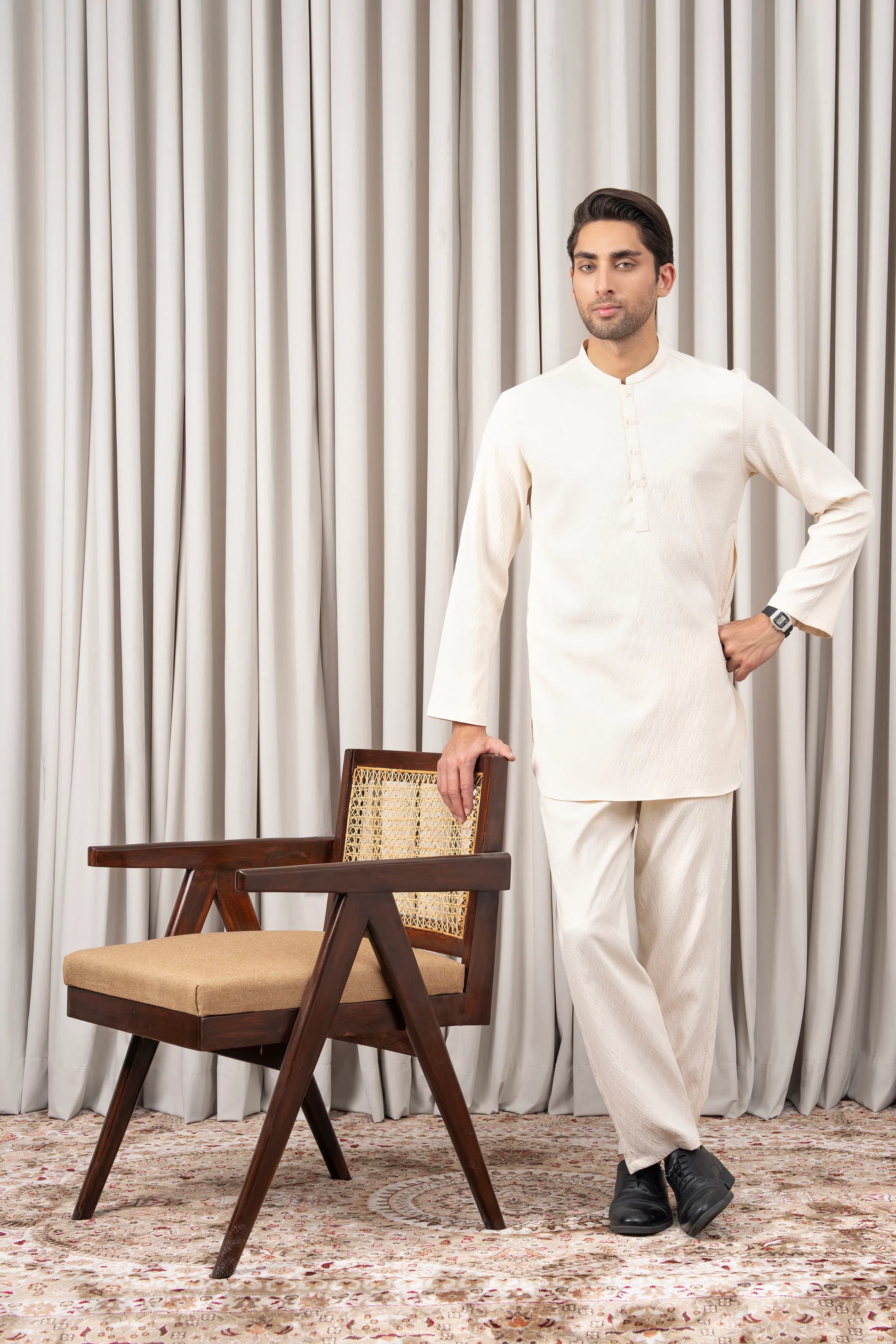 DOBBY TEXTURED KURTA PAJAMA - SIGNATURE COLLECTION CREAM