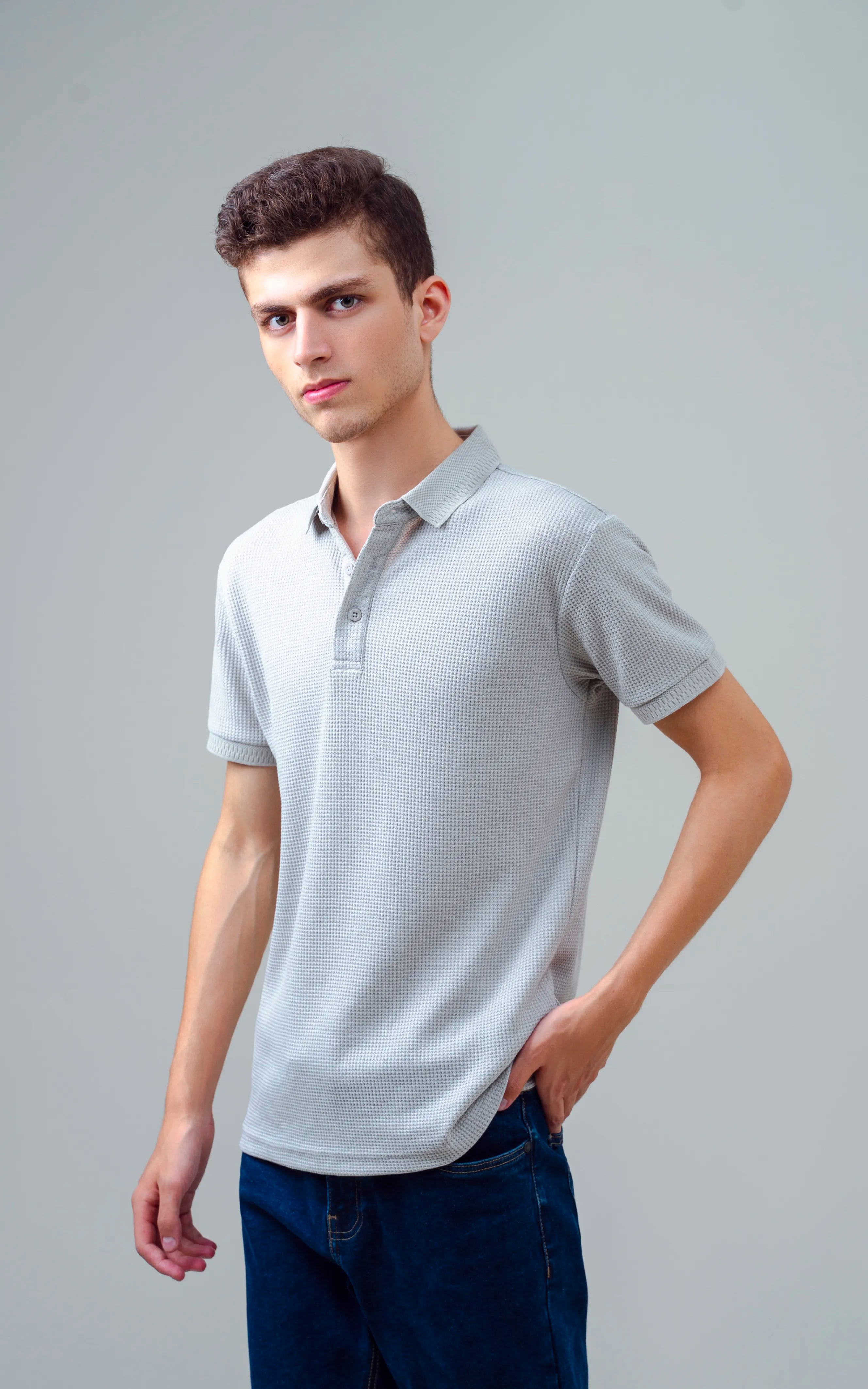 SELF JACQUARD POLO LIGHT GREY