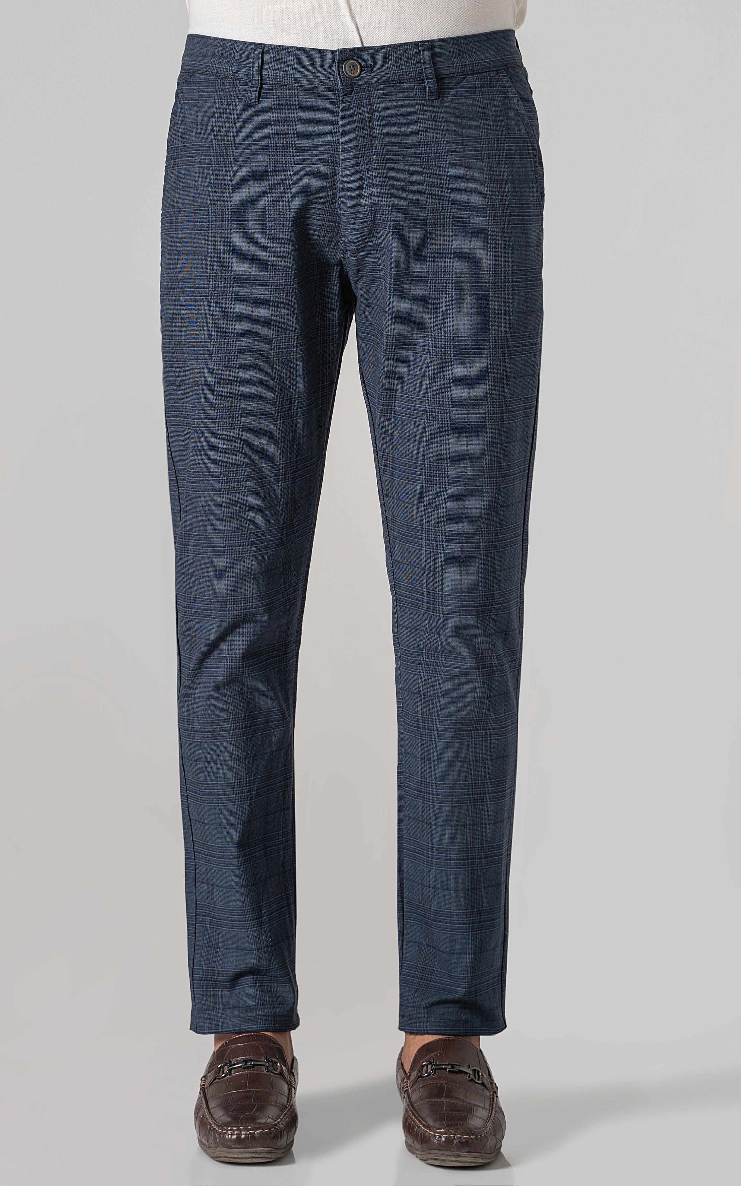 Navy check casual pants with cross pockets and button fly