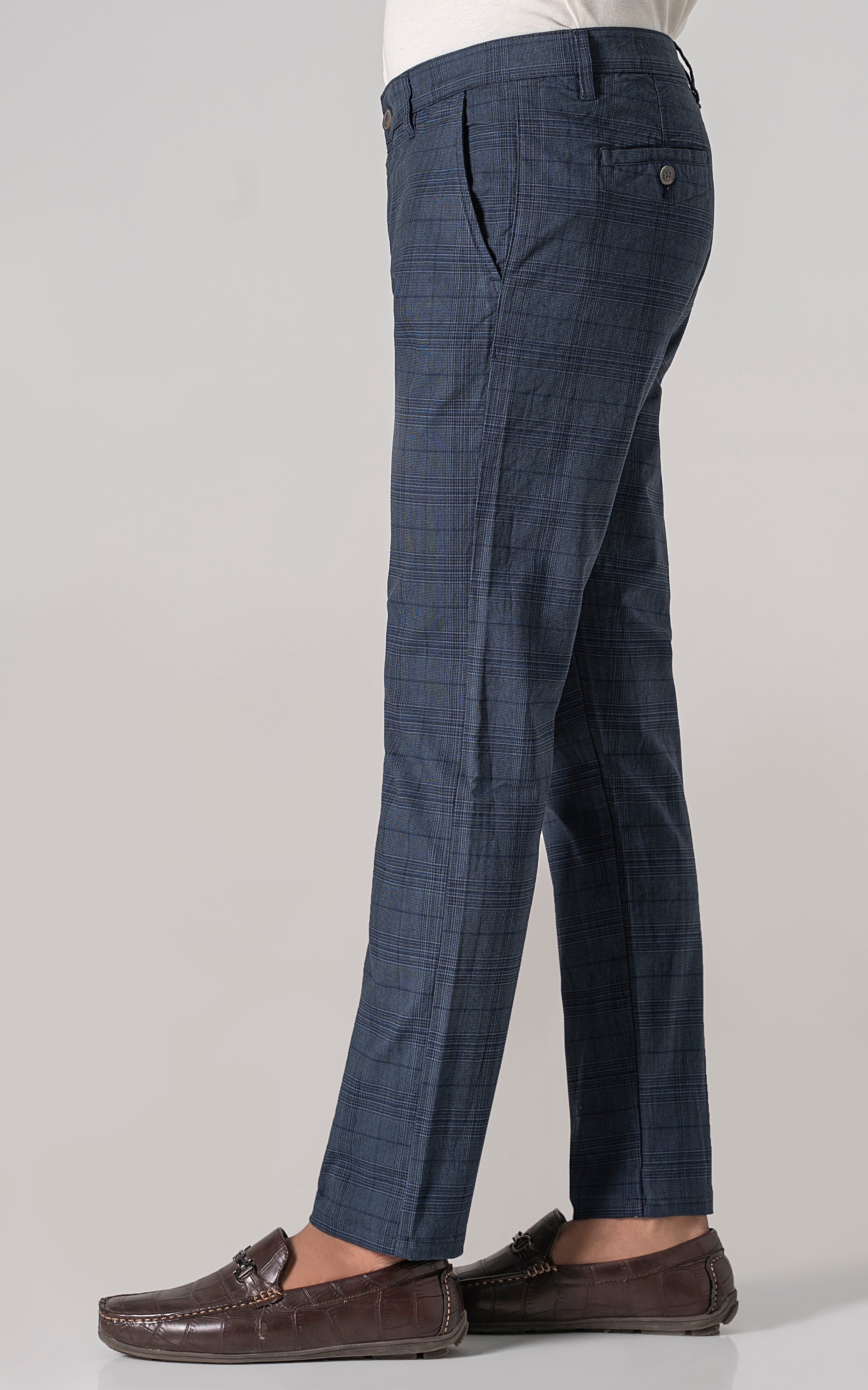 Navy check casual pants with slanted side pockets and belt loops