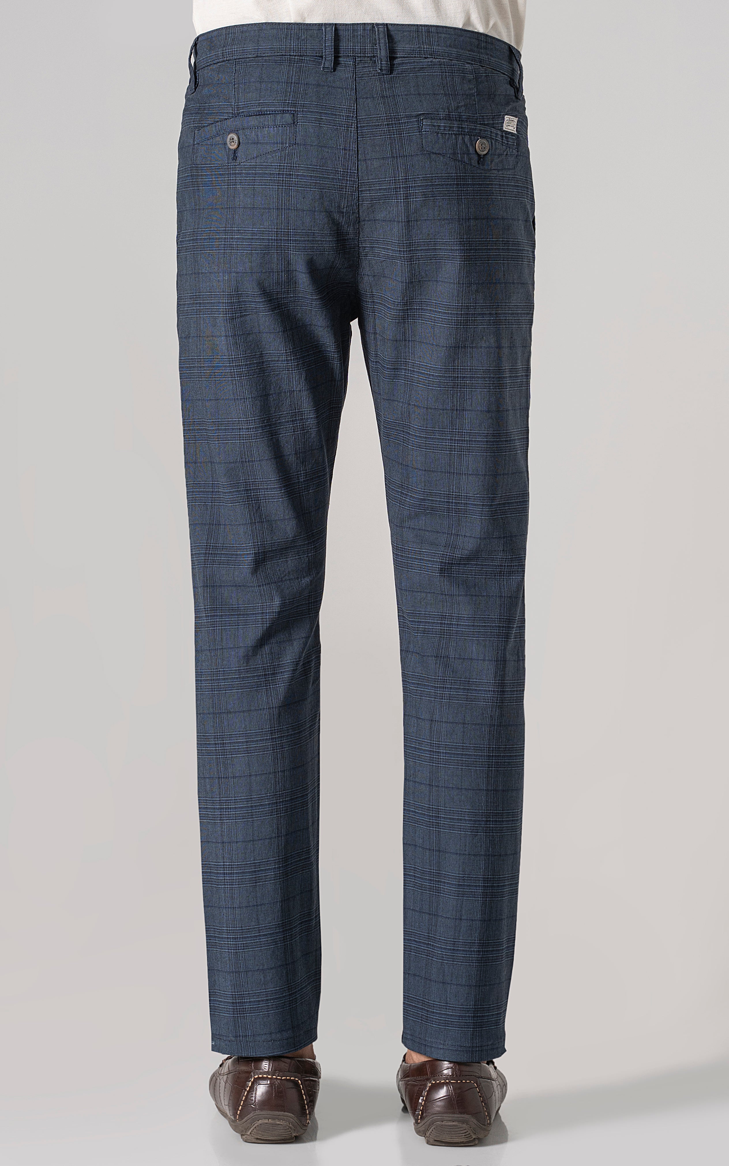Navy check casual pants with back button welt pockets and belt loops