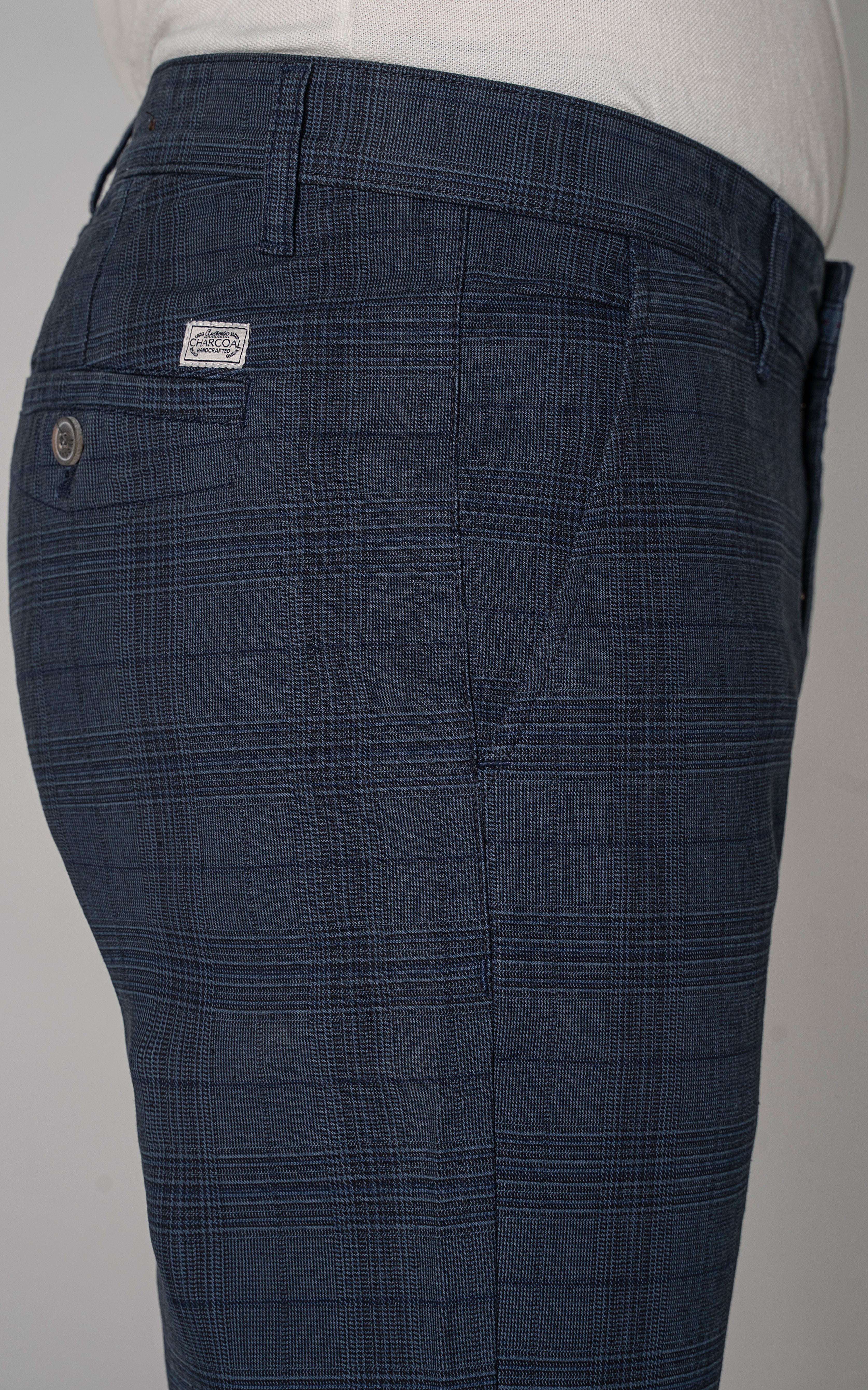 Navy check casual pants back yoke with logo patch and button welt pocket