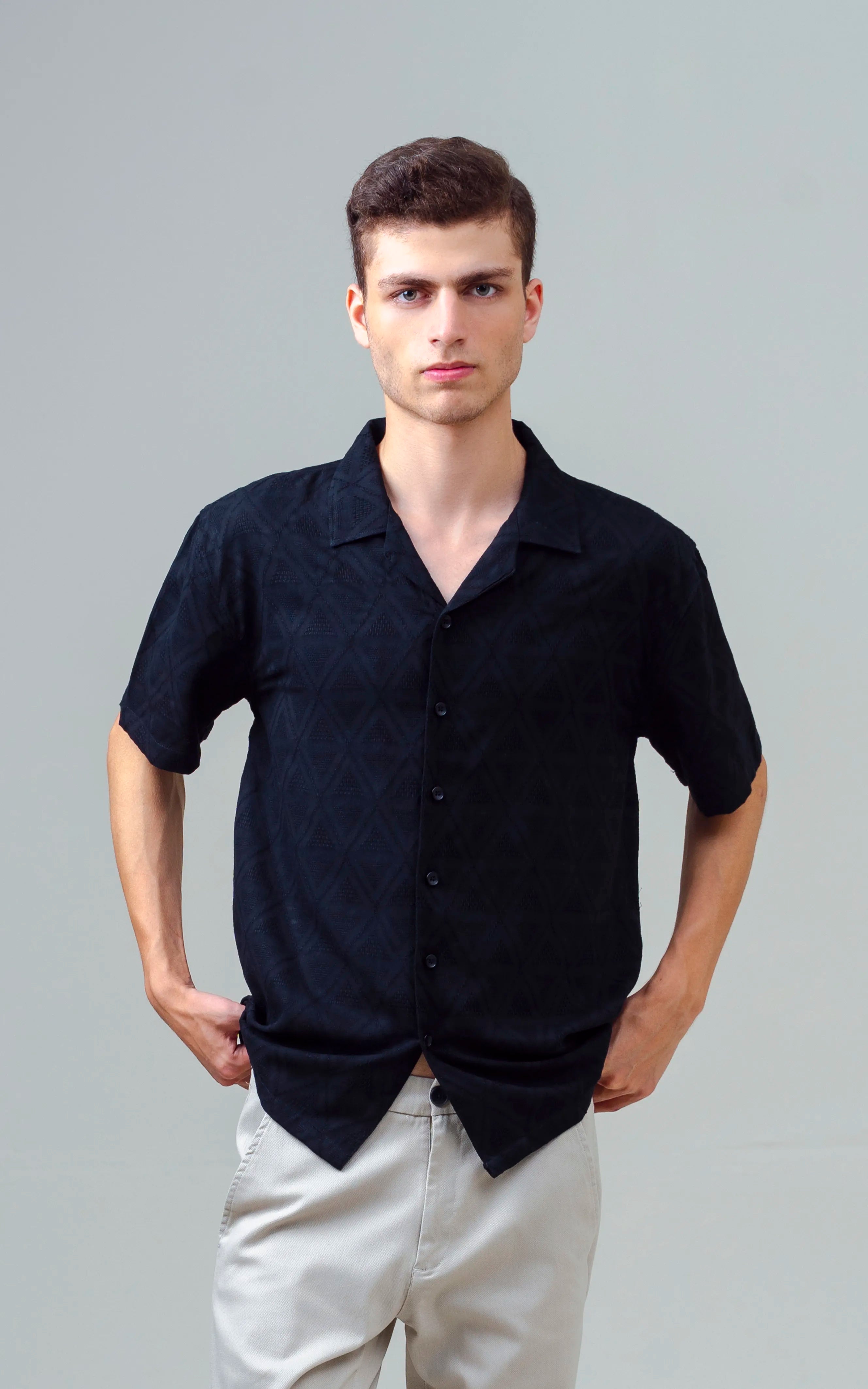 CUBAN COLLAR SHORT SLEEVES SHIRT BLACK