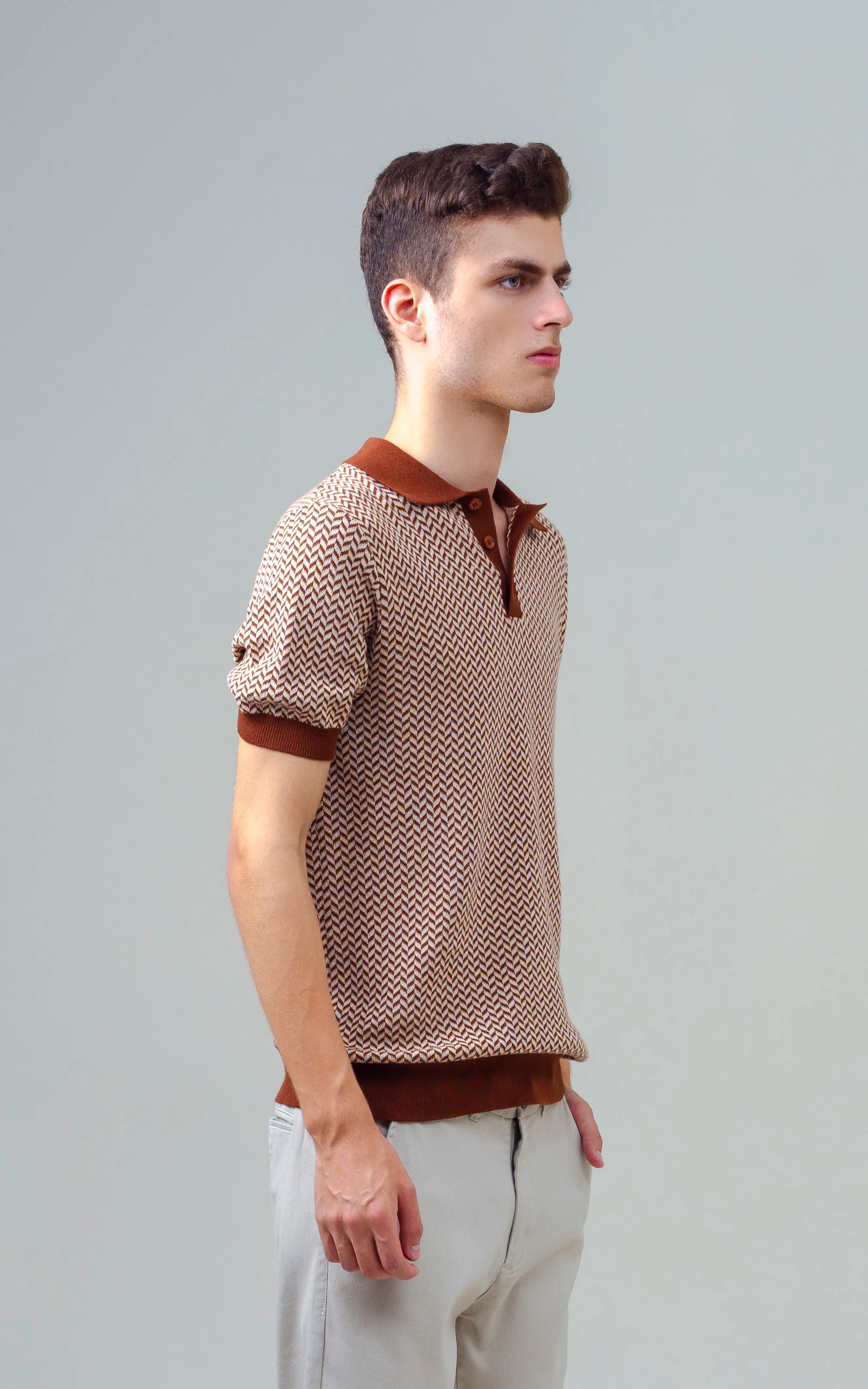 KNITTED JACQUARD POLO BROWN