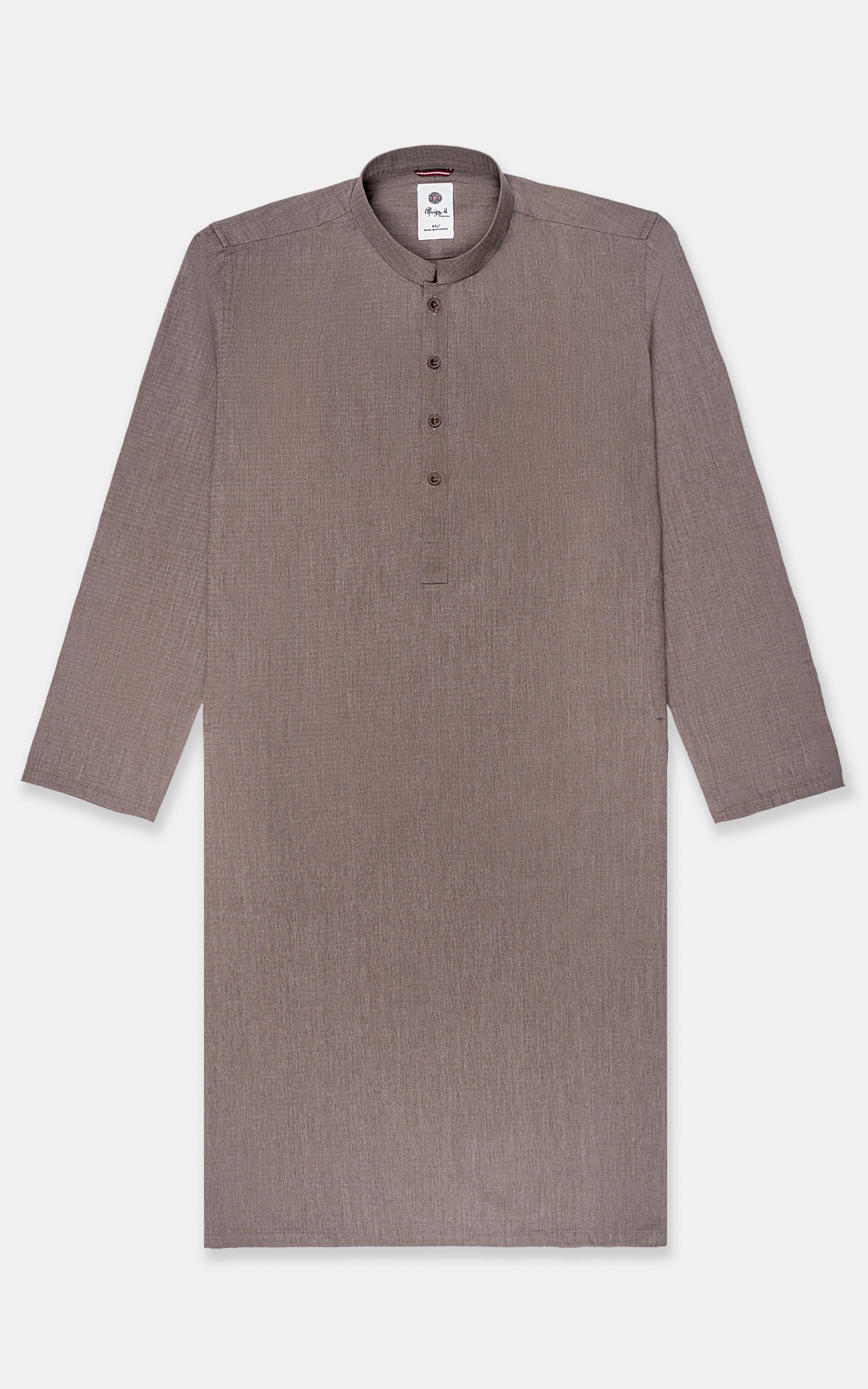 Mens kurta with band collar, button front and 3/4 sleeves, brown