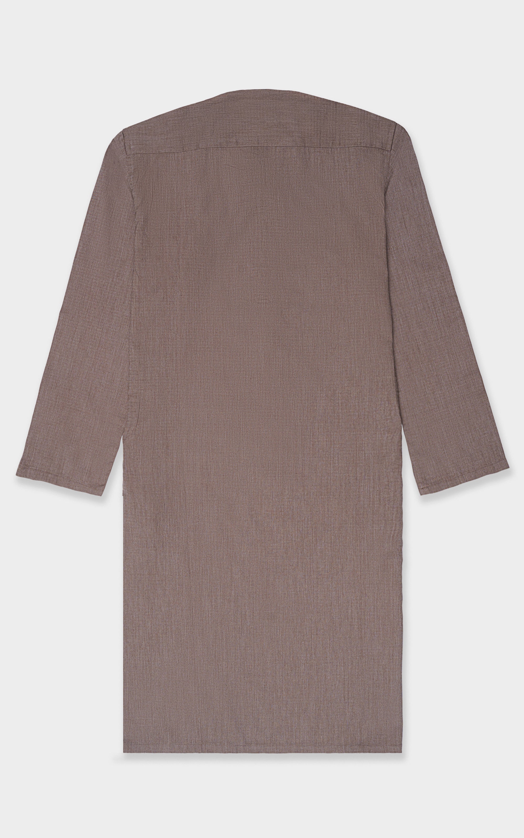 Mens kurta with band collar and 3/4 sleeves, back view, brown