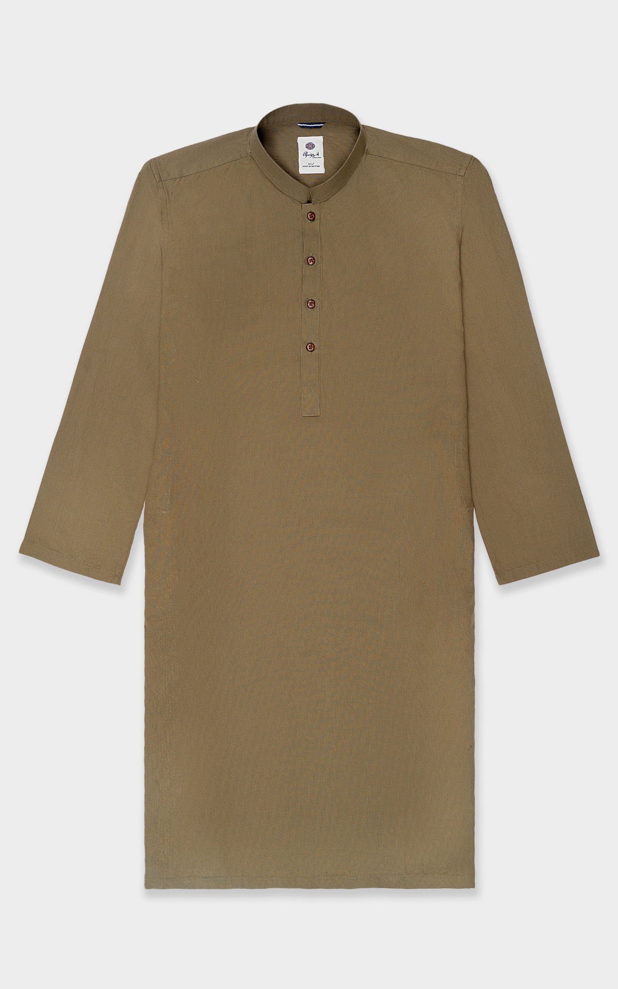 Olive short-sleeve kurta with button placket and mandarin collar