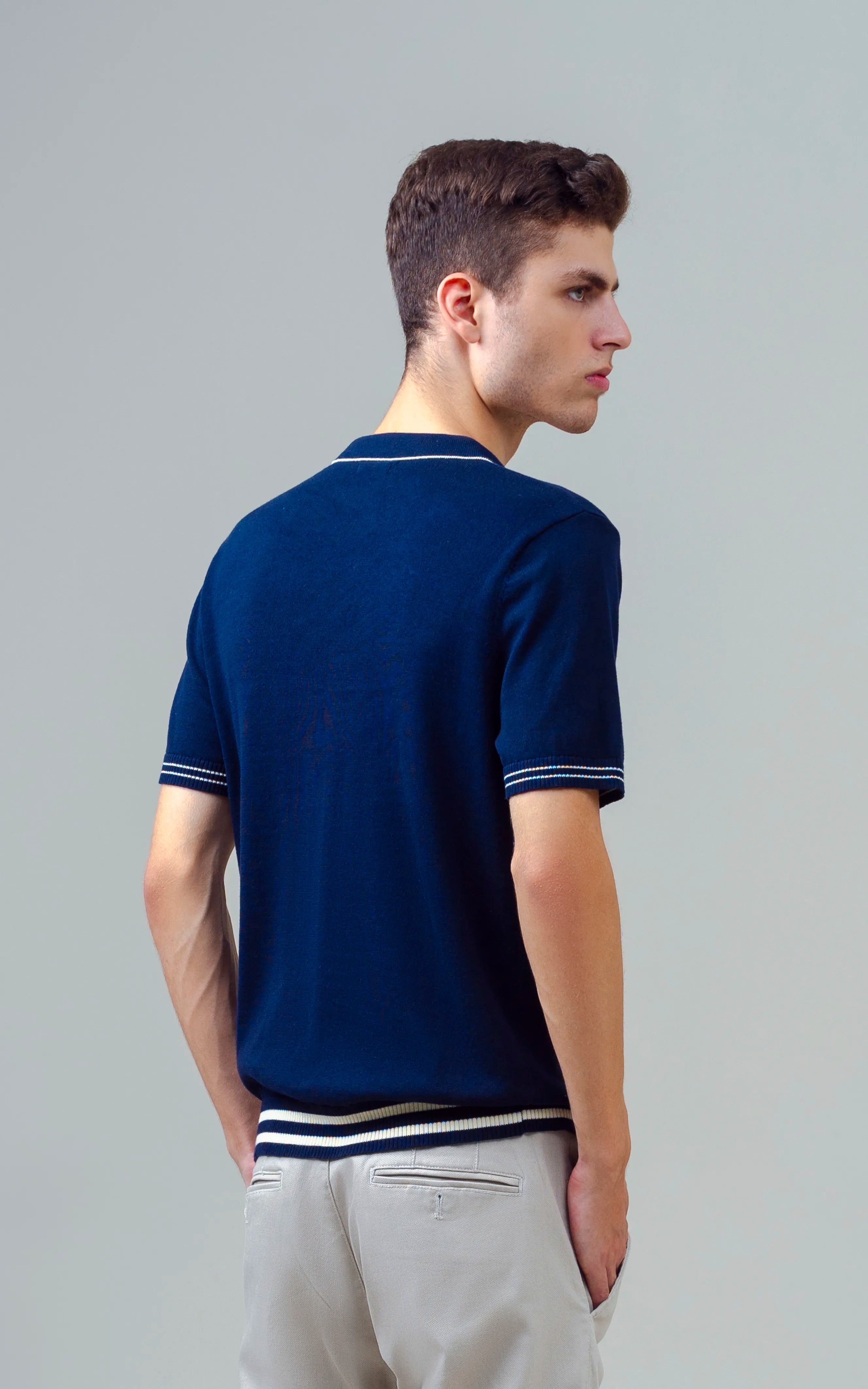 KNITTED TIPPING COLLAR ZIP POLO SHIRT NAVY
