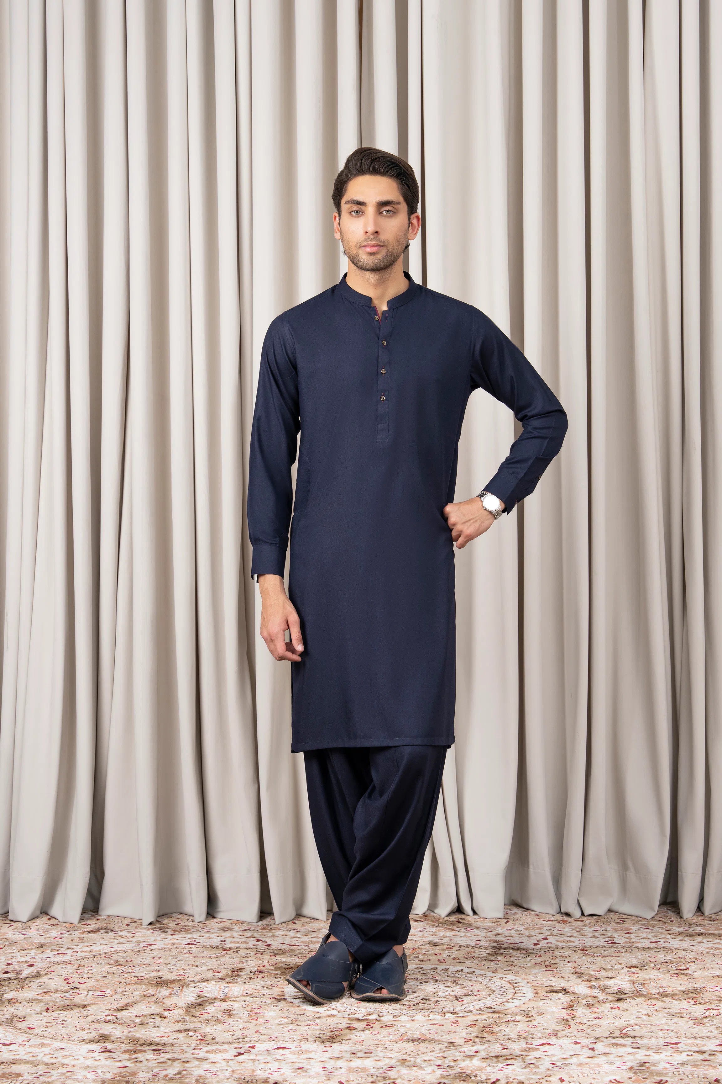 TEXTURED BLENDED KAMEEZ SHALWAR - SIGNATURE COLLECTION NAVY
