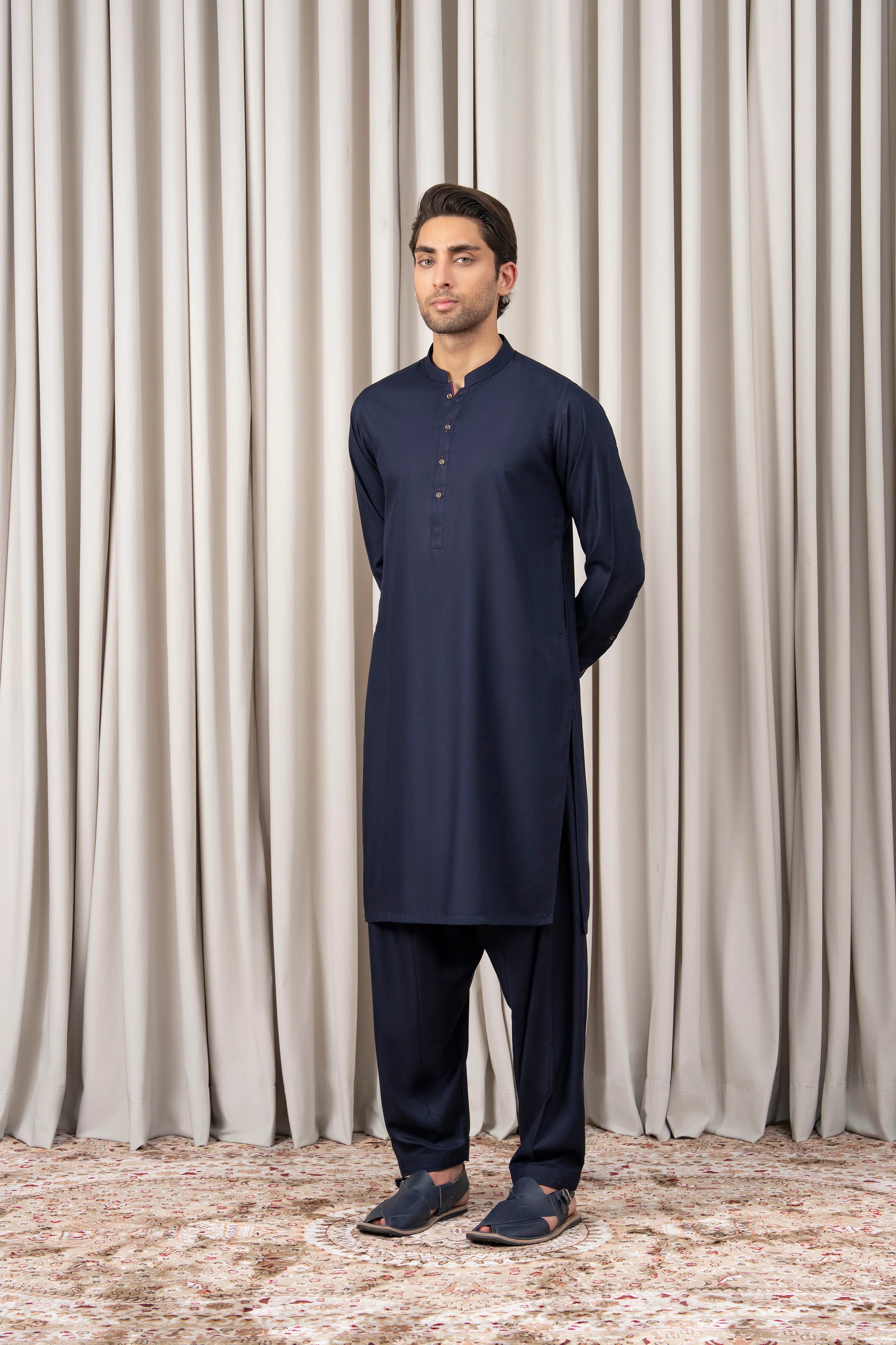 TEXTURED BLENDED KAMEEZ SHALWAR - SIGNATURE COLLECTION NAVY