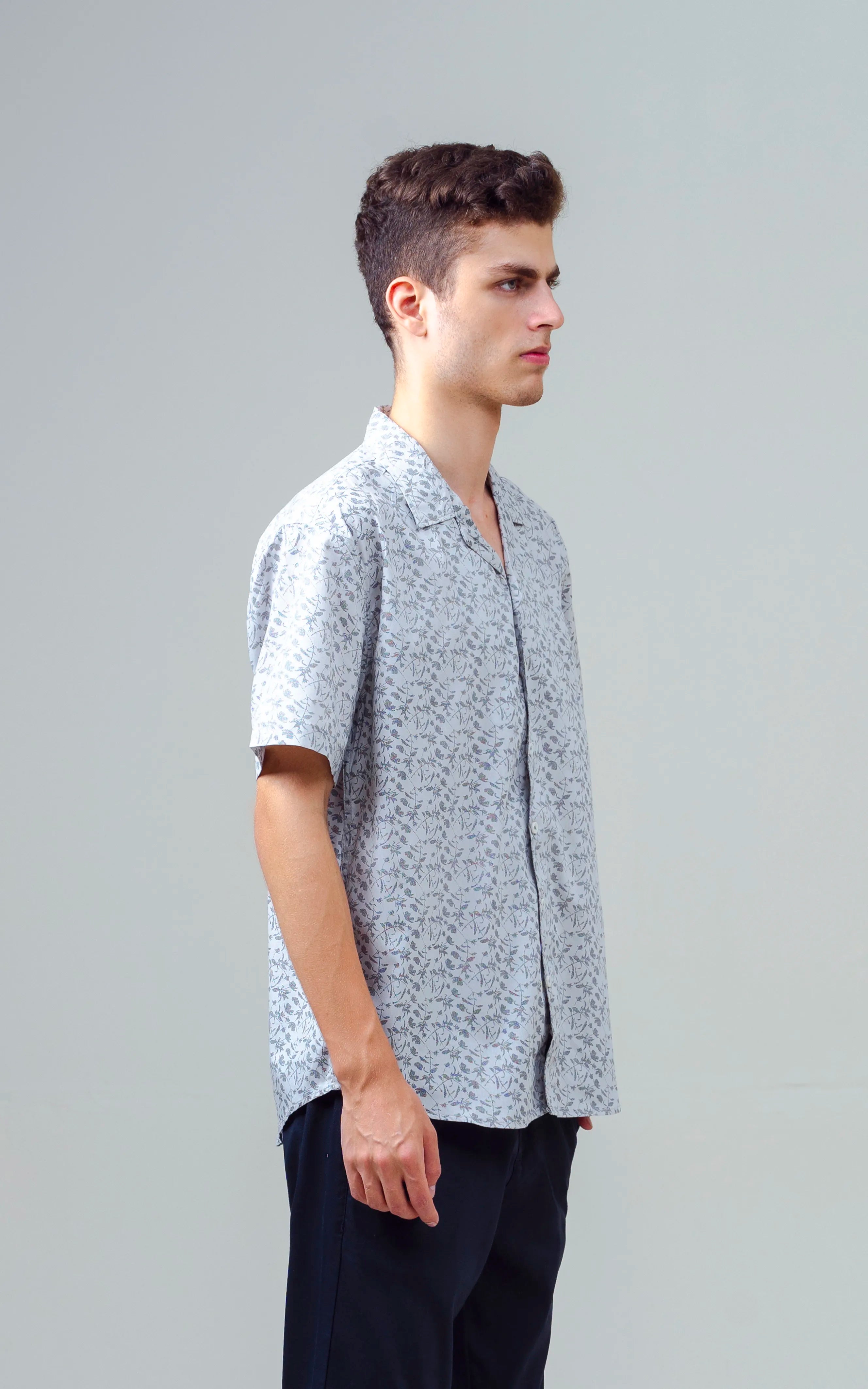 CUBAN COLLAR SHORT SLEEVES SHIRT GREY PRINTED