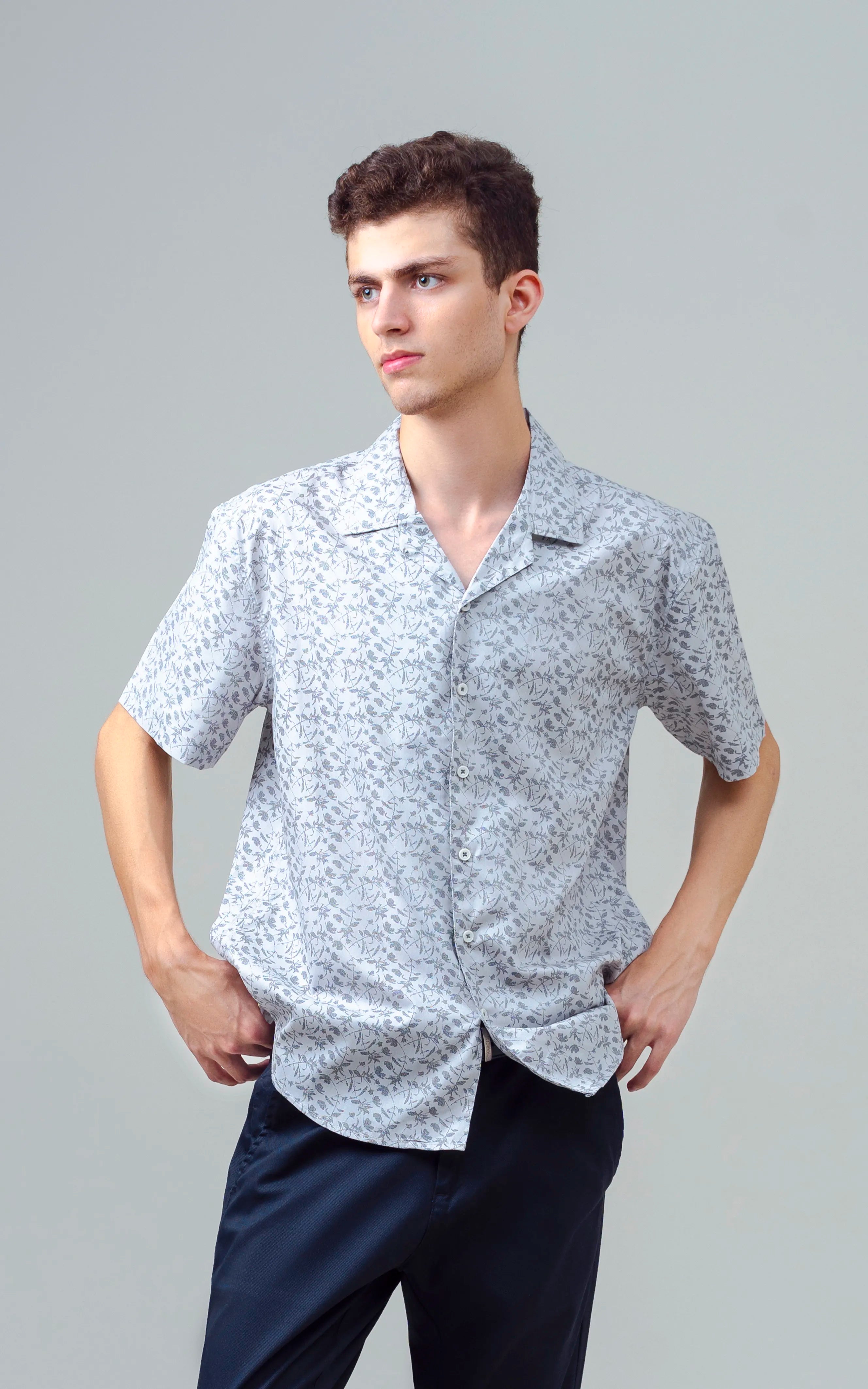 CUBAN COLLAR SHORT SLEEVES SHIRT GREY PRINTED