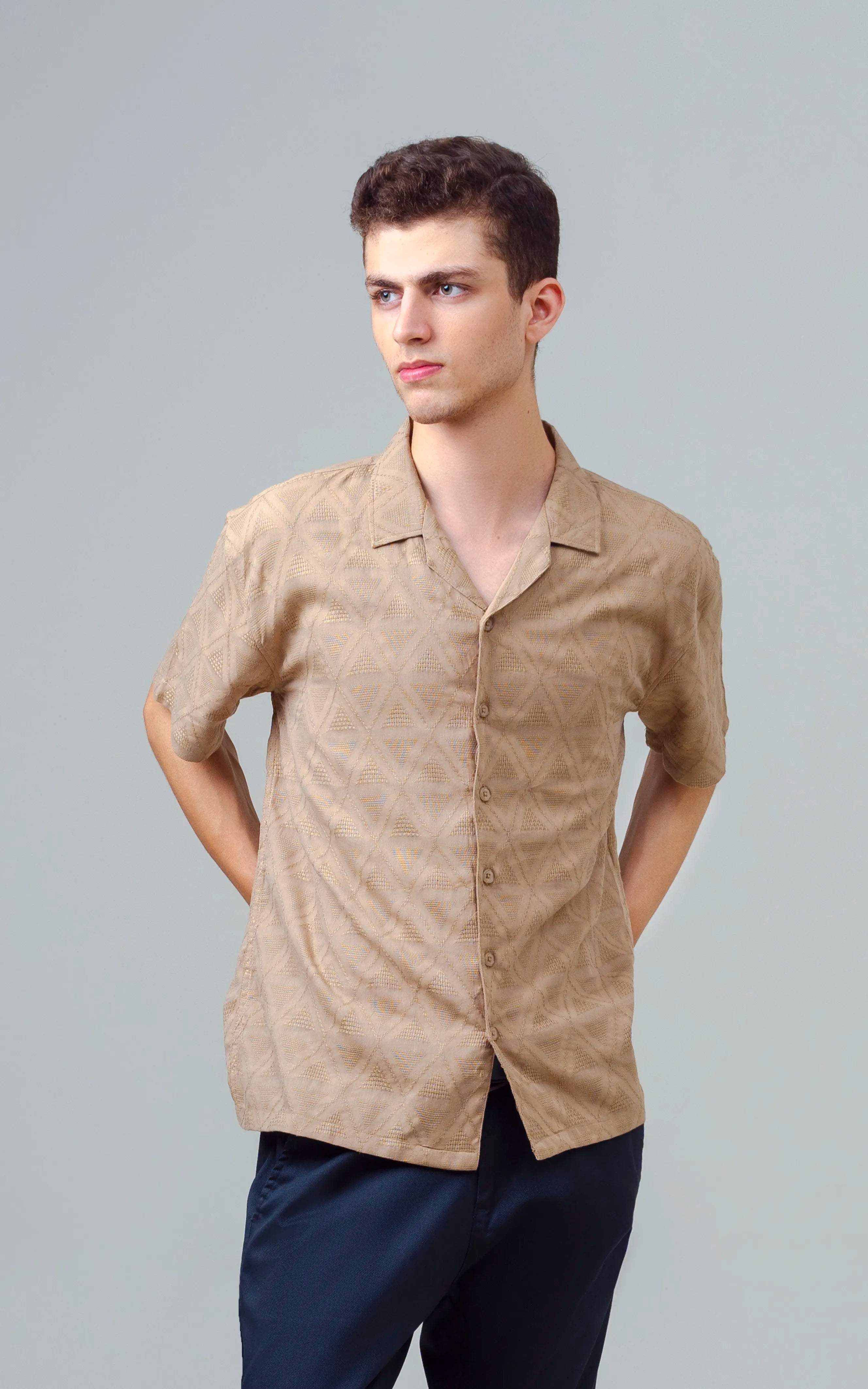 CUBAN COLLAR SHORT SLEEVES SHIRT KHAKI